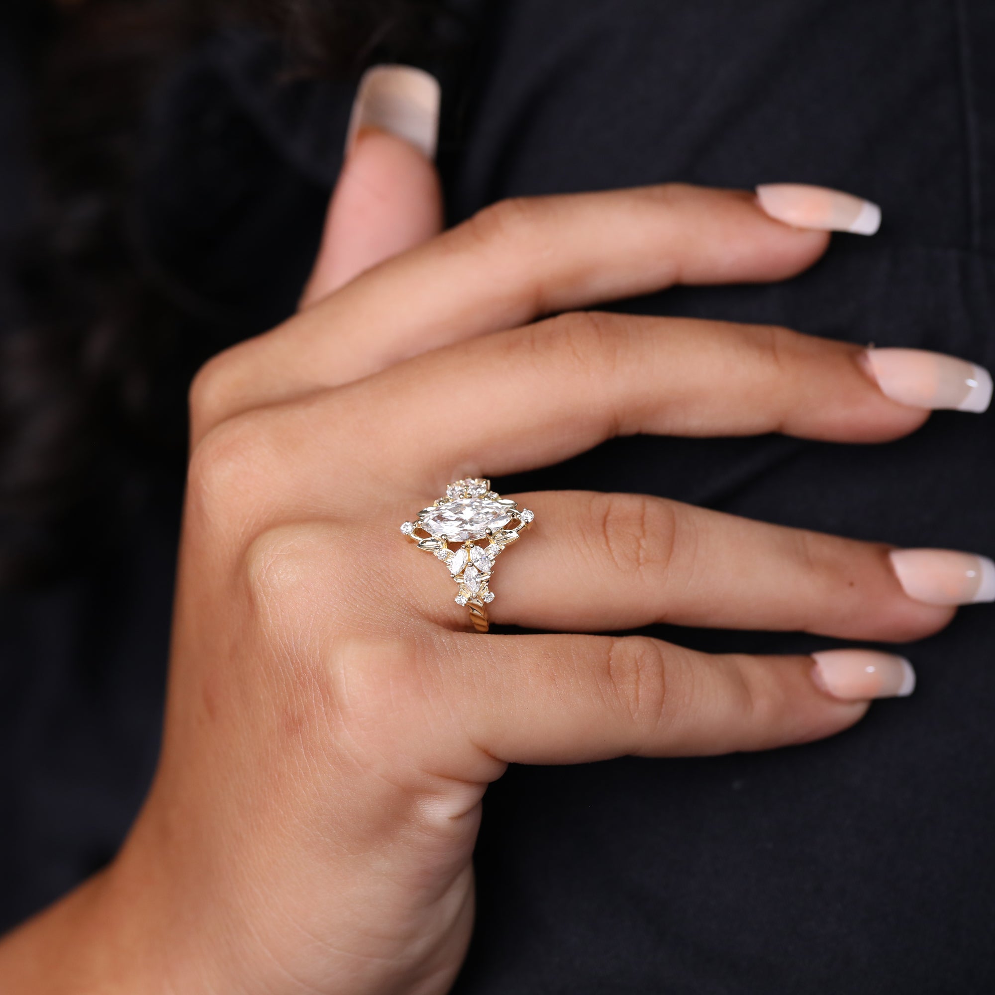 Marquise Lab Grown Diamond Engagement Ring, Vintage Floral Diamond Cluster Ring