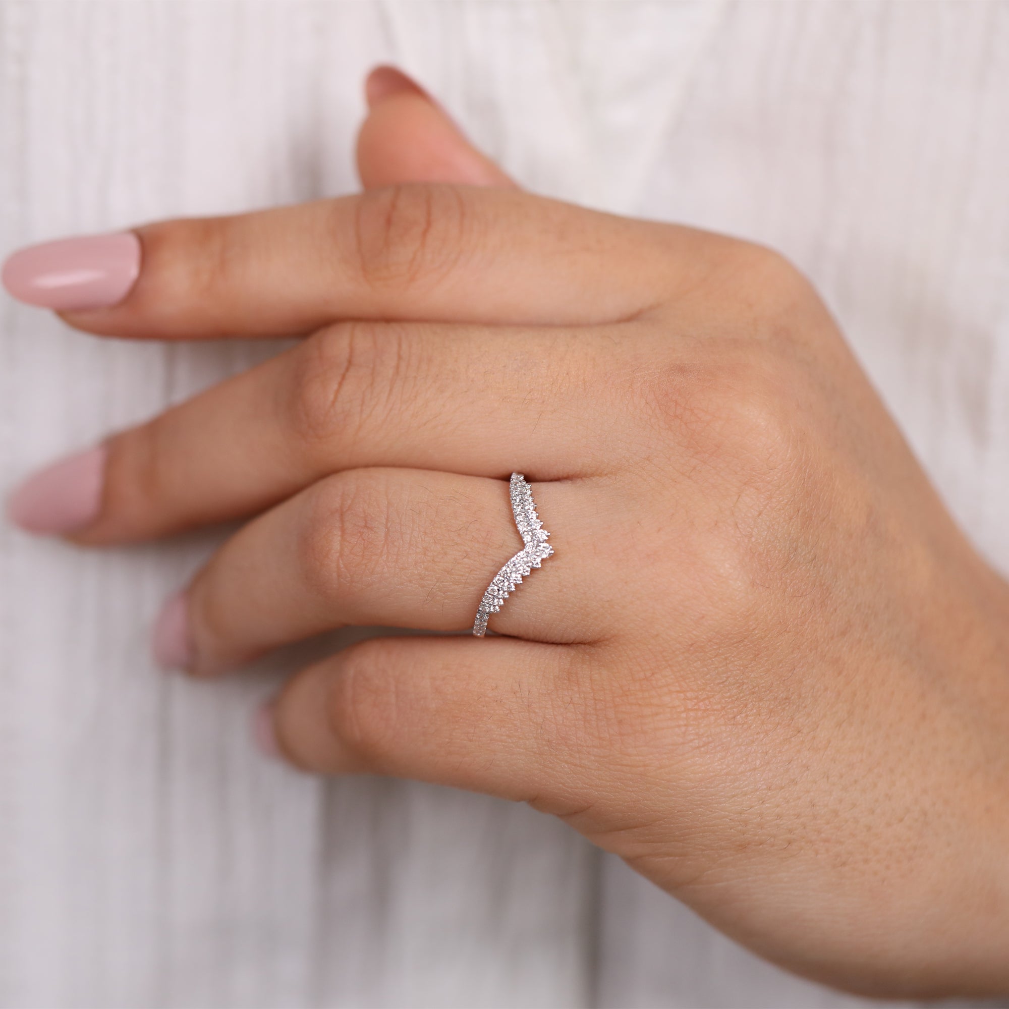 V curve lab grown diamond ring in rose gold for stacking or bridal sets