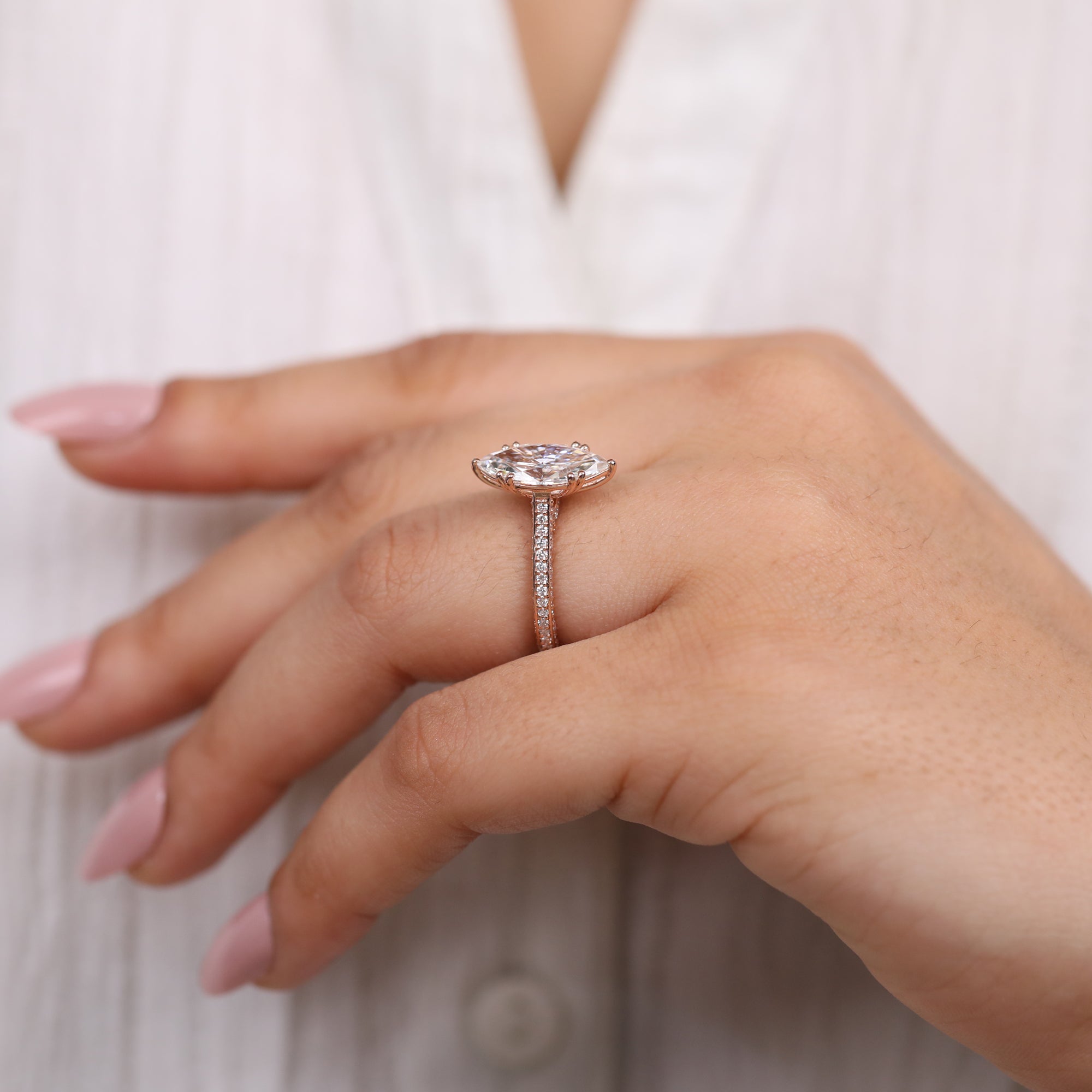 Marquise Lab Diamond Engagement Ring with Classic Diamond Pave Band