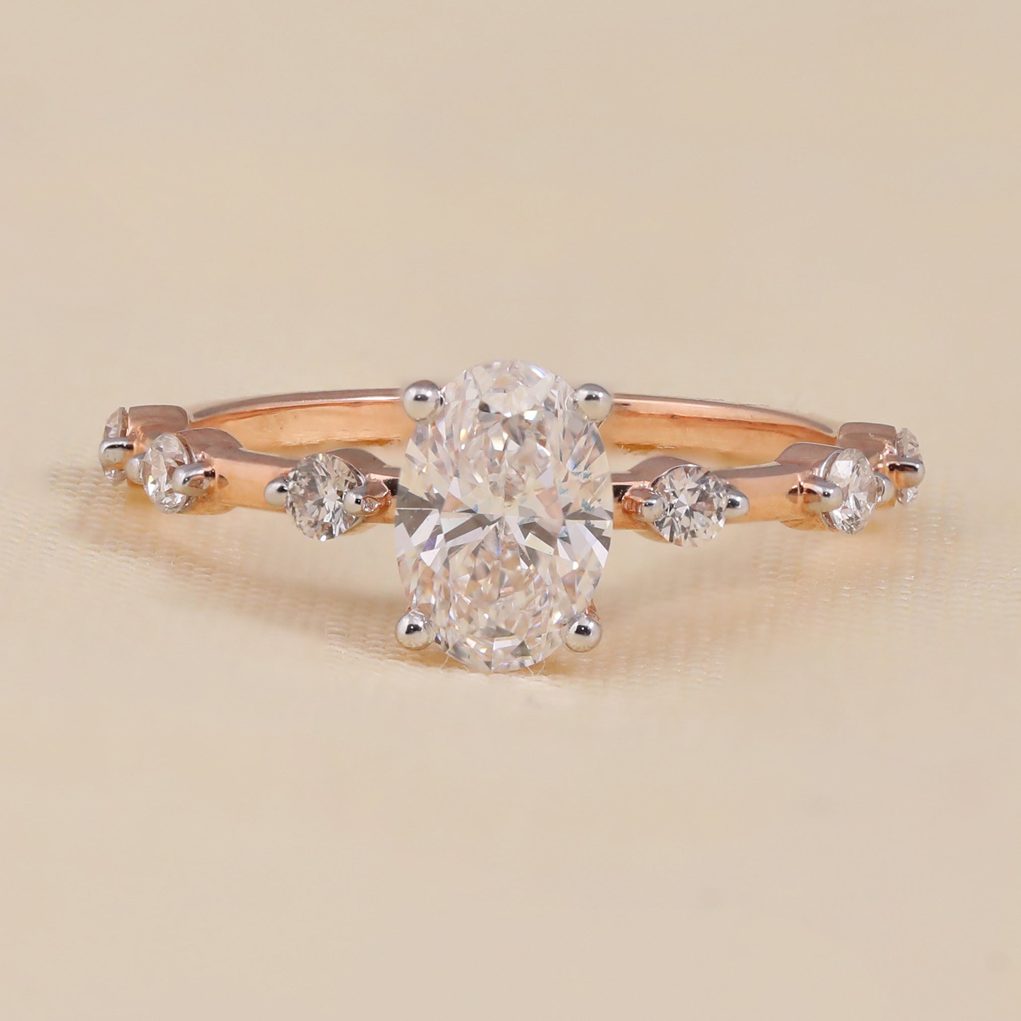 Oval Lab grown Diamond Solitaire Engagement Ring, Vintage Floating Station Band