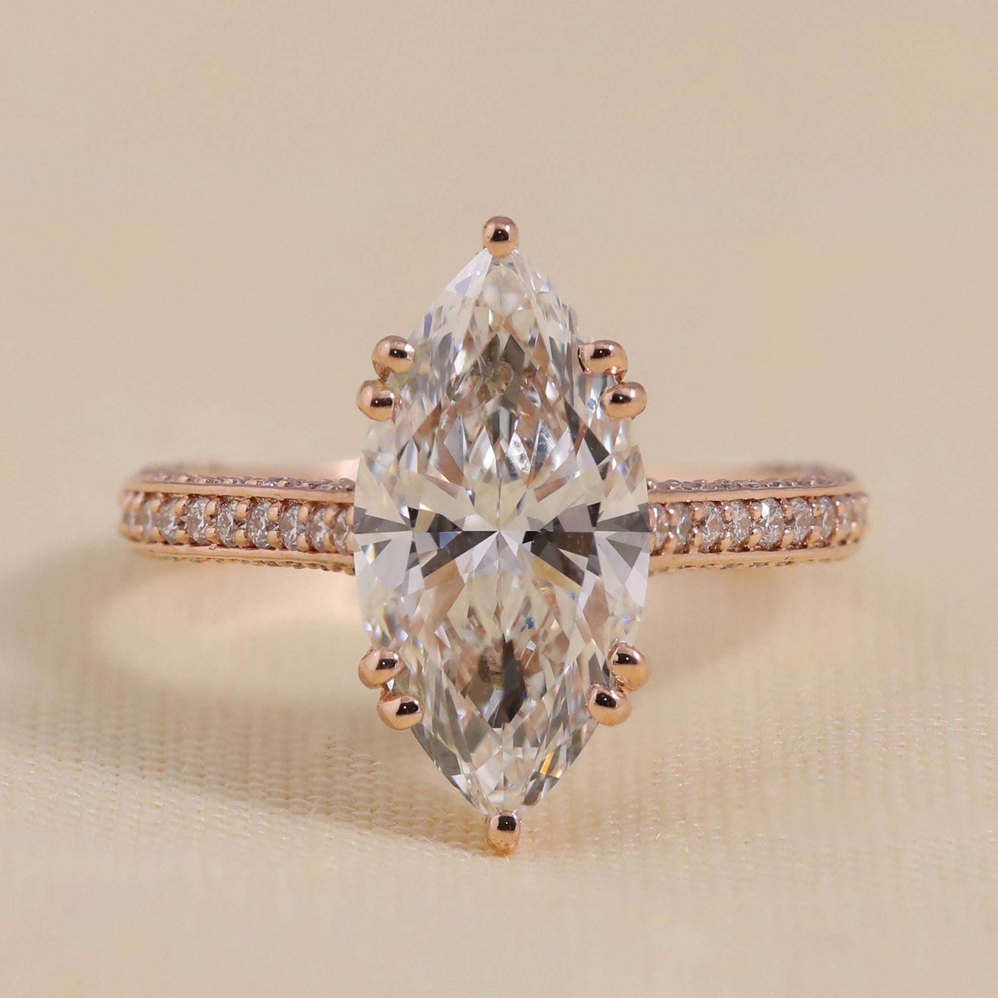 Marquise Lab Diamond Engagement Ring, Solitaire Ring with Classic Diamond Pave Band