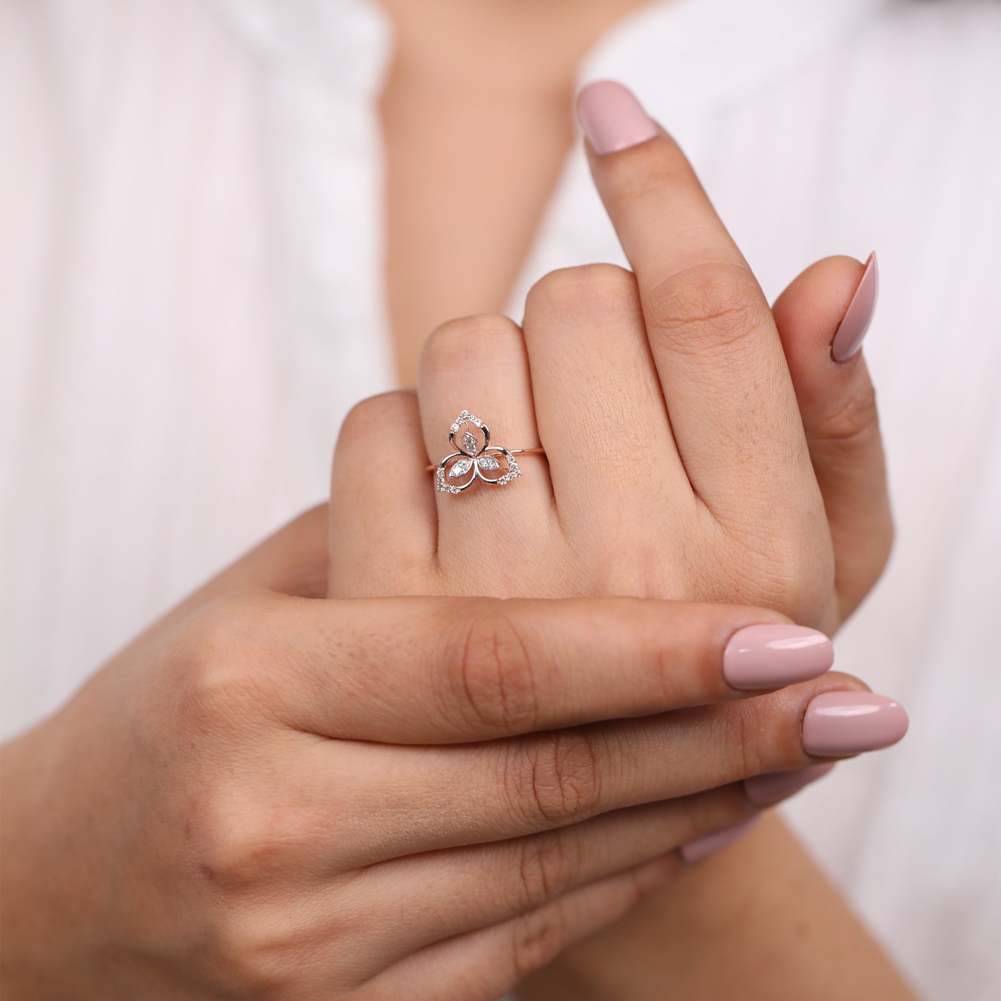 Delicate floral lab grown diamond ring in rose gold with intricate craftsmanship