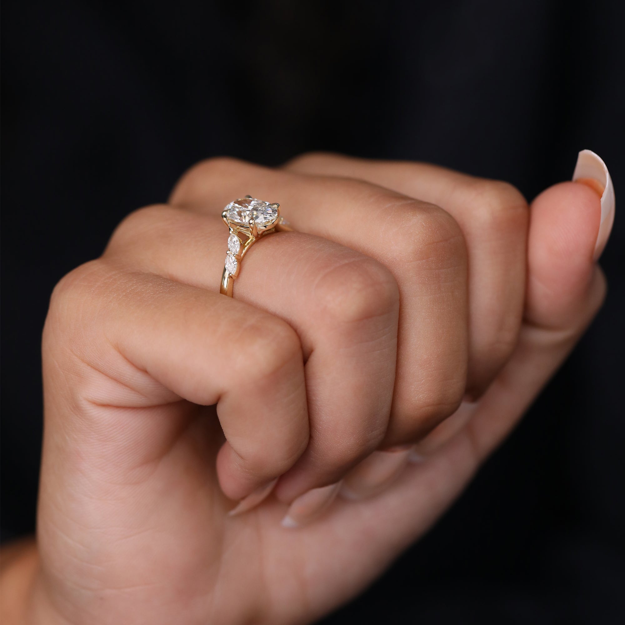 Oval Cut Lab Diamond Engagement Ring with Marquise Side Stones