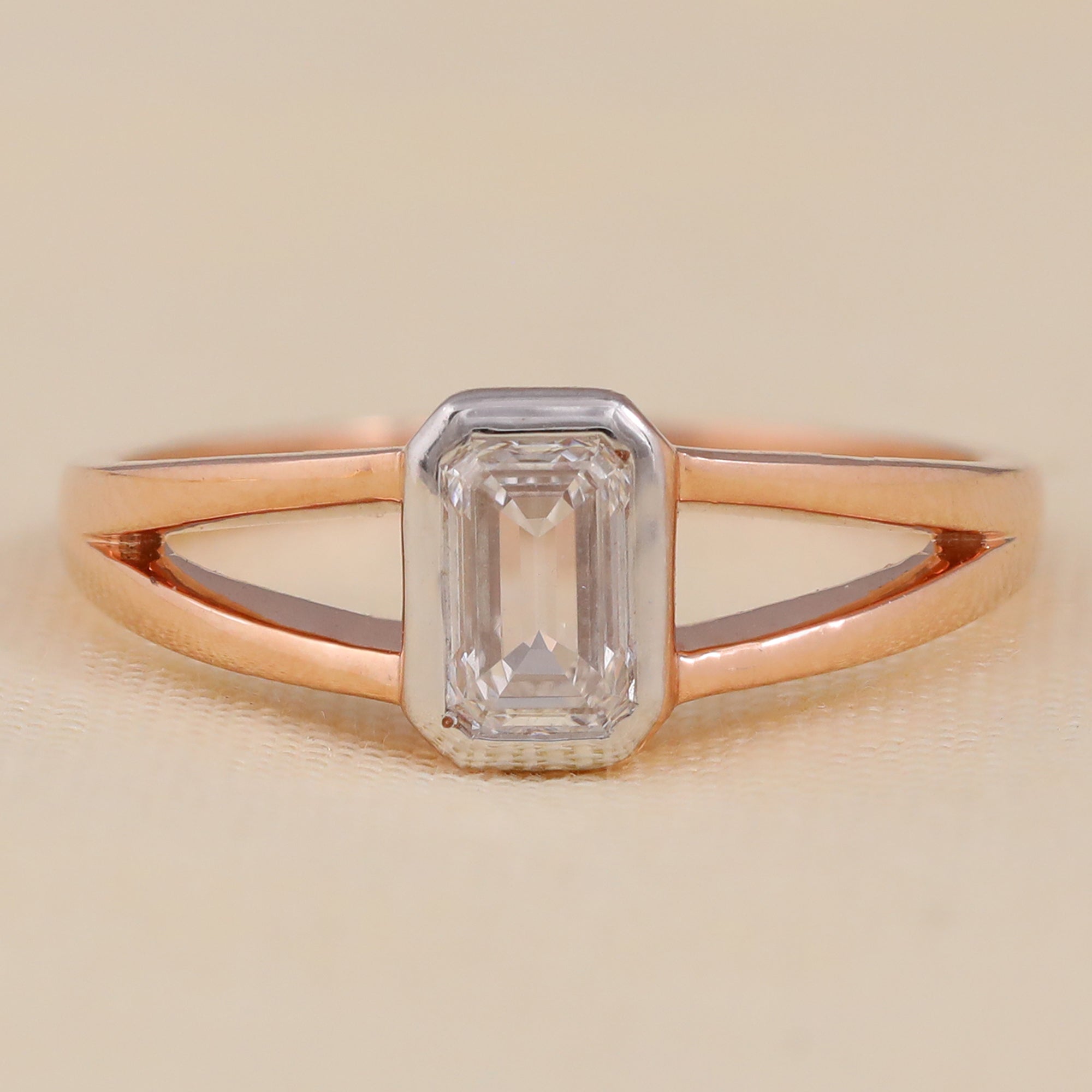 Emerald Cut Lab Diamond Bezel Set Solitaire Ring, Split Shank Band Engagement Ring