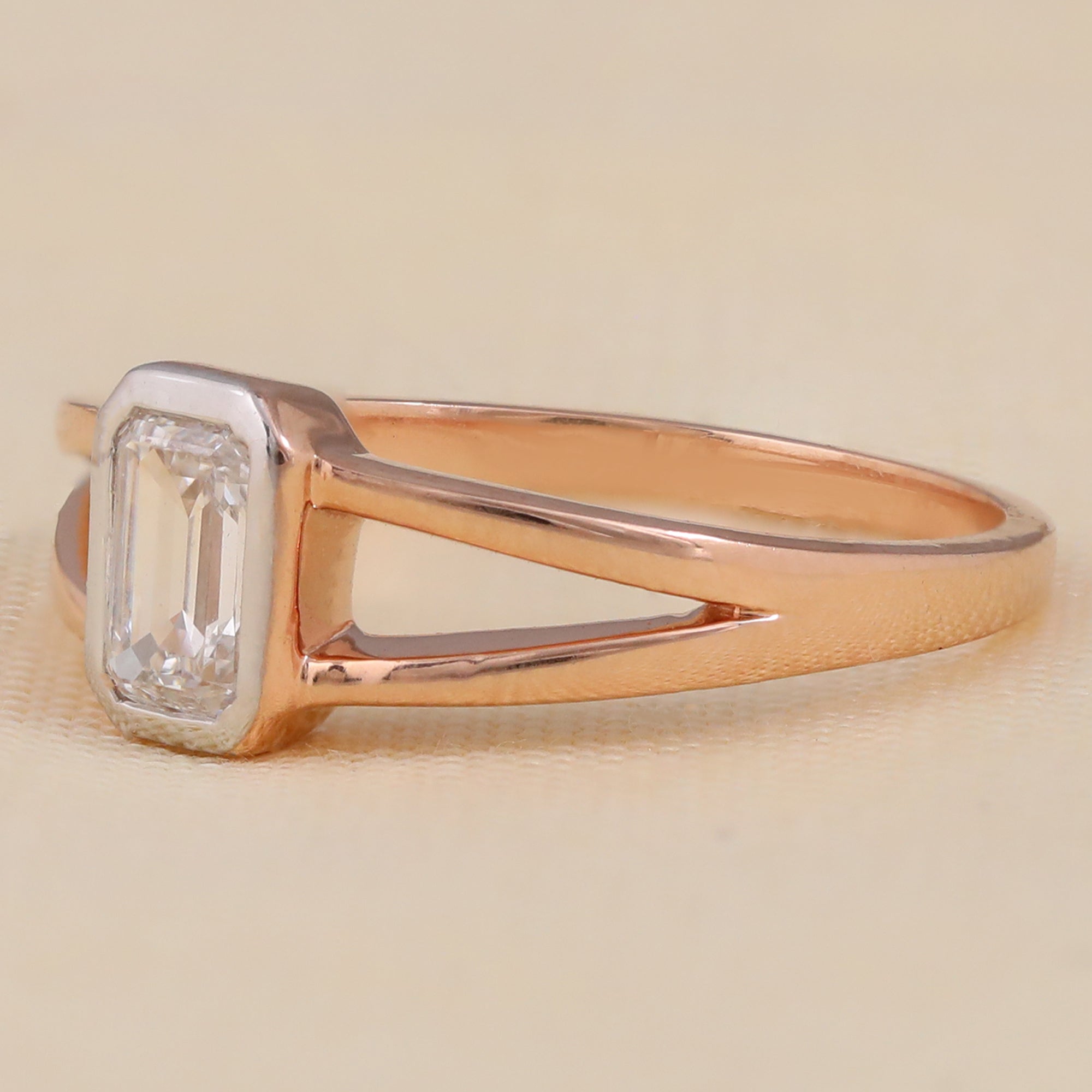 Emerald Cut Lab Diamond Bezel Set Solitaire Ring with Split Shank Band
