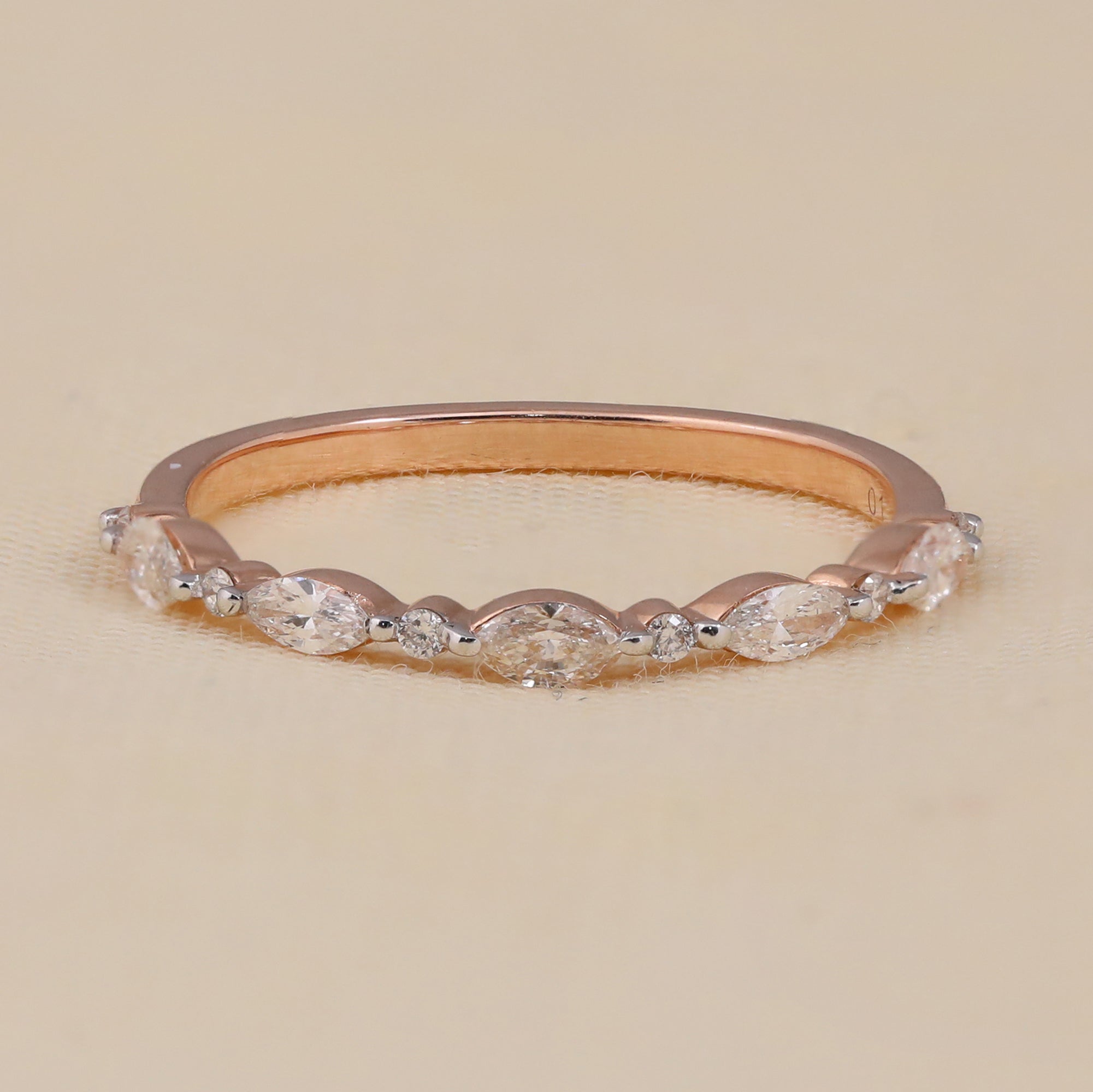 Marquise and Round Diamond Wedding Band, Lab Grown Diamond Half Eternity Band