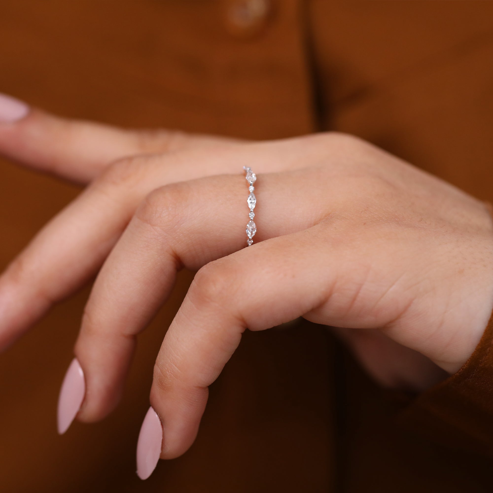 Marquise and Round Lab Diamond Half Eternity Wedding Band