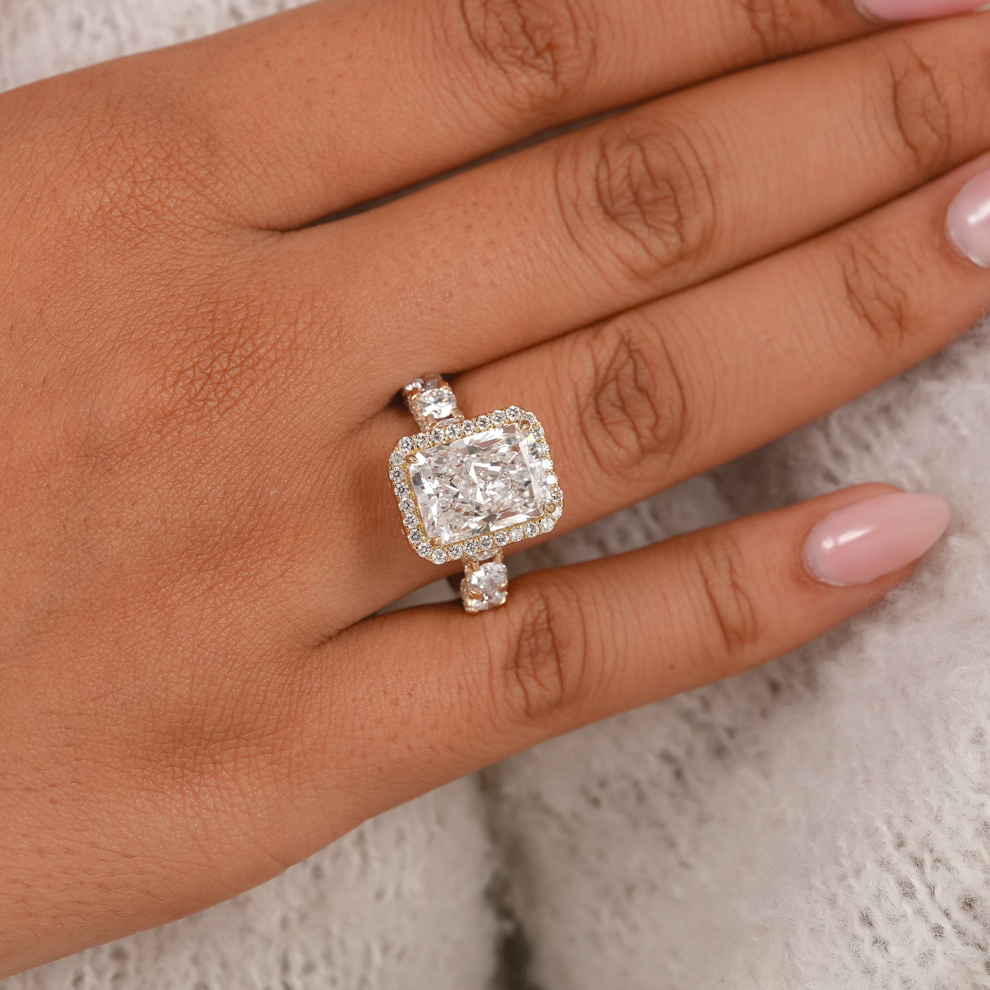 Radiant Cut Lab Diamond Halo Engagement Ring With Full Detailed Band