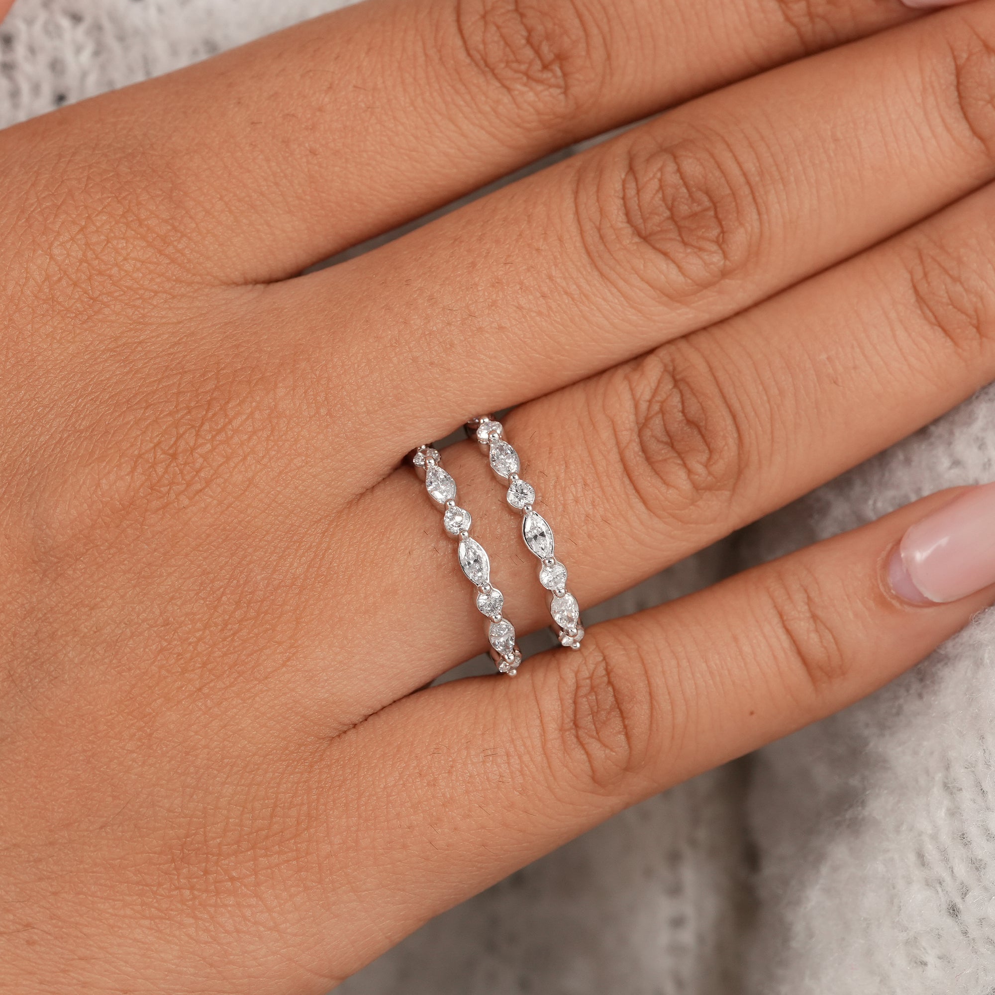 Luxury stackable wedding ring with lab-grown diamonds.