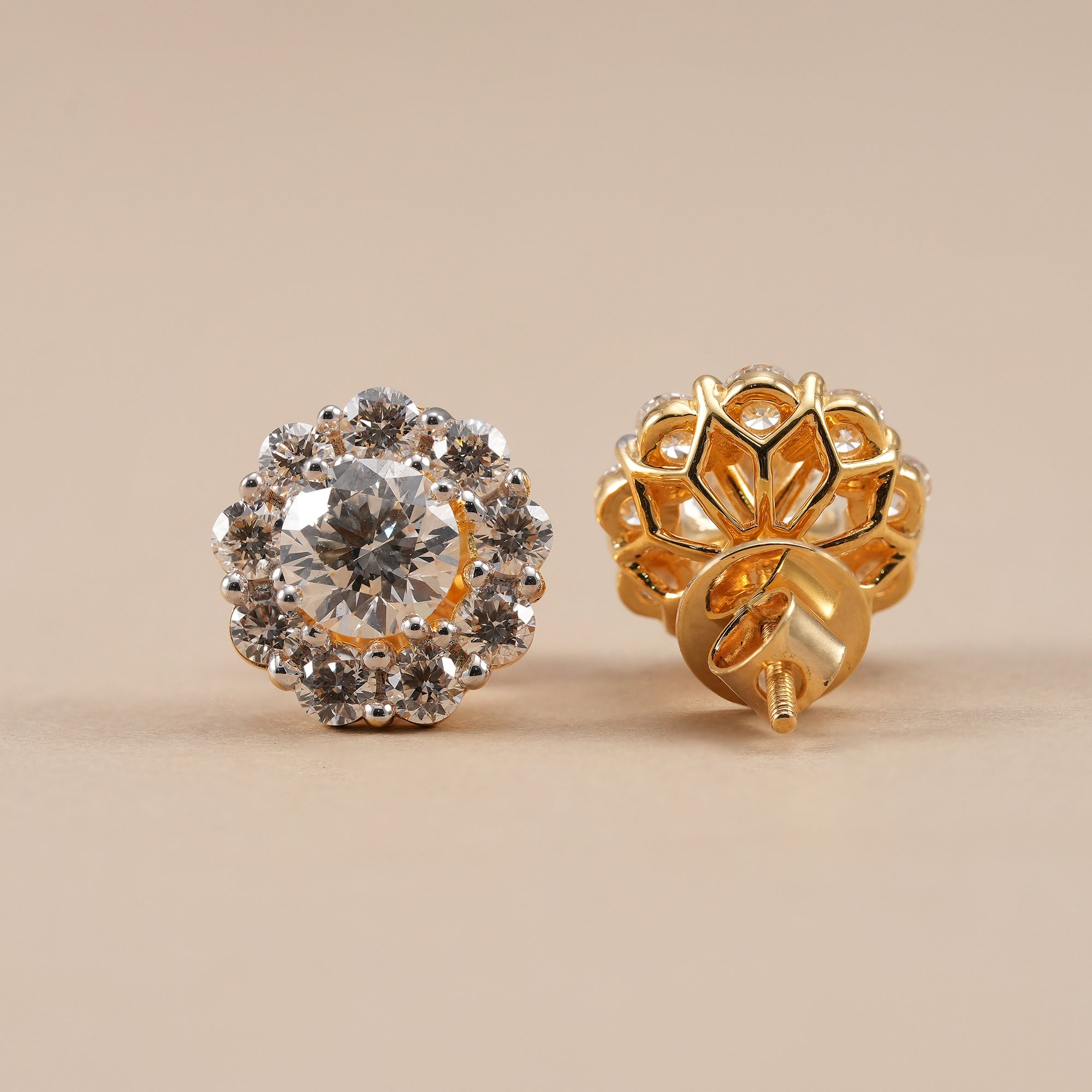 Elegant lab grown floral halo diamond stud earrings for women