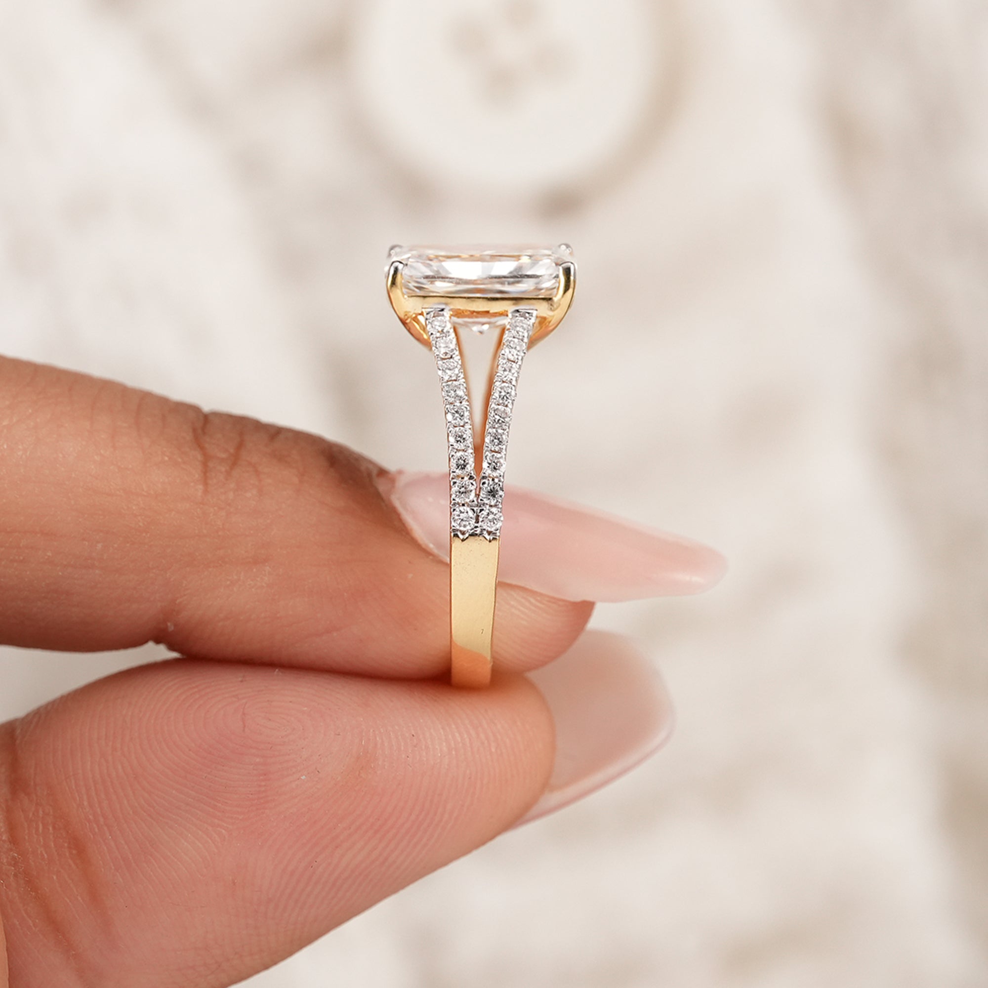 Ethical radiant lab grown diamond ring with pavé diamonds