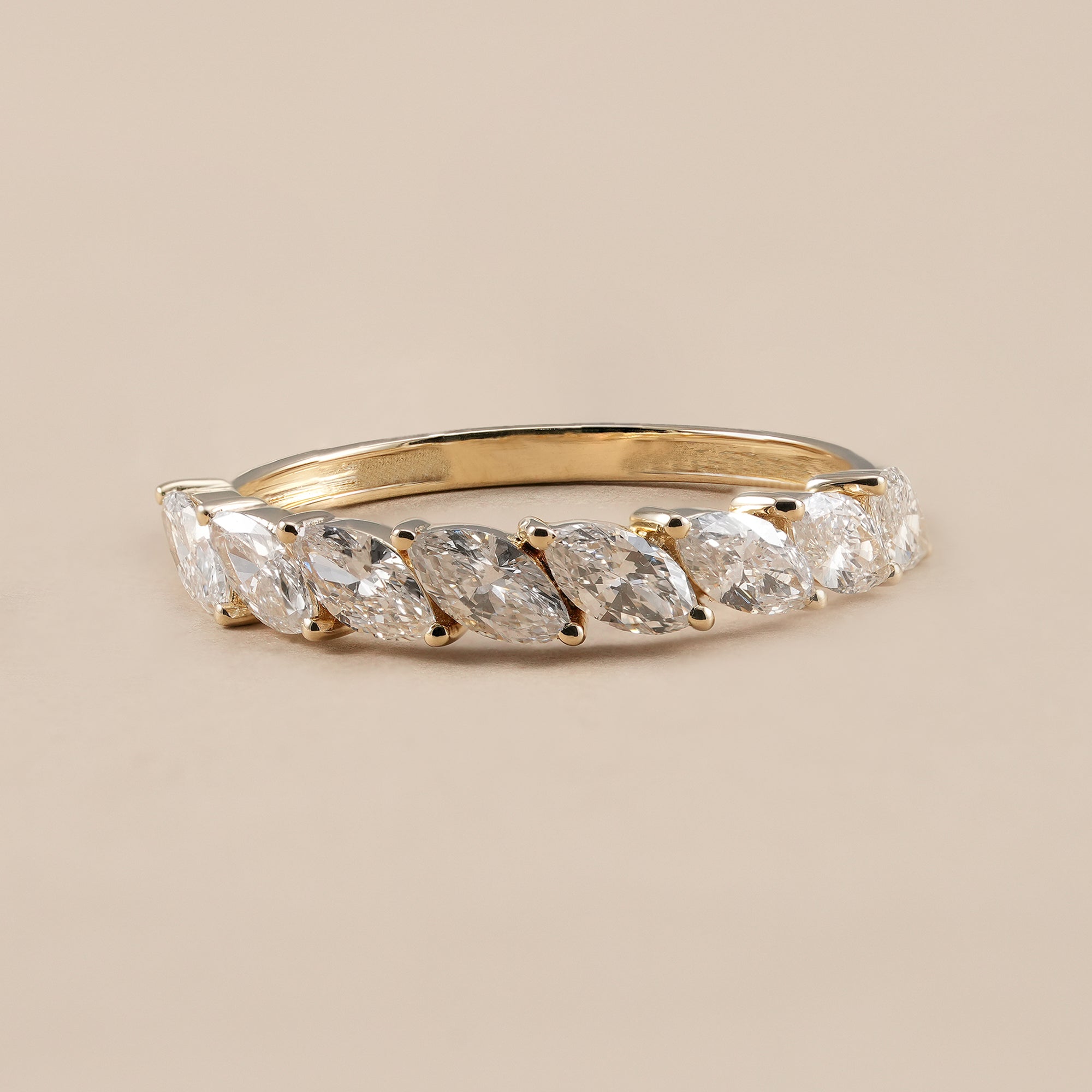 Marquise half eternity lab diamond wedding band in yellow gold