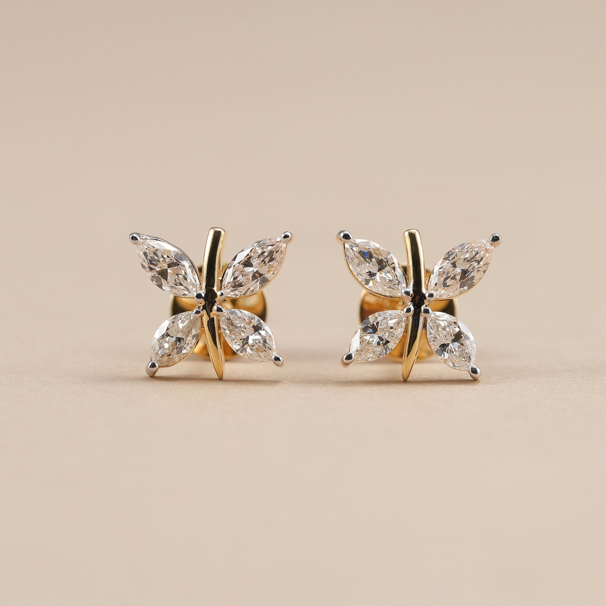 Marquise lab grown diamond stud earrings in butterfly floral design