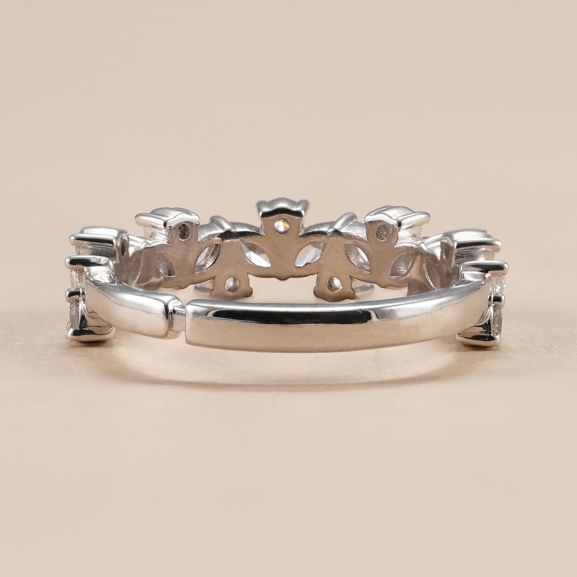 Women's stackable lab diamond wedding band with floral leaf design.