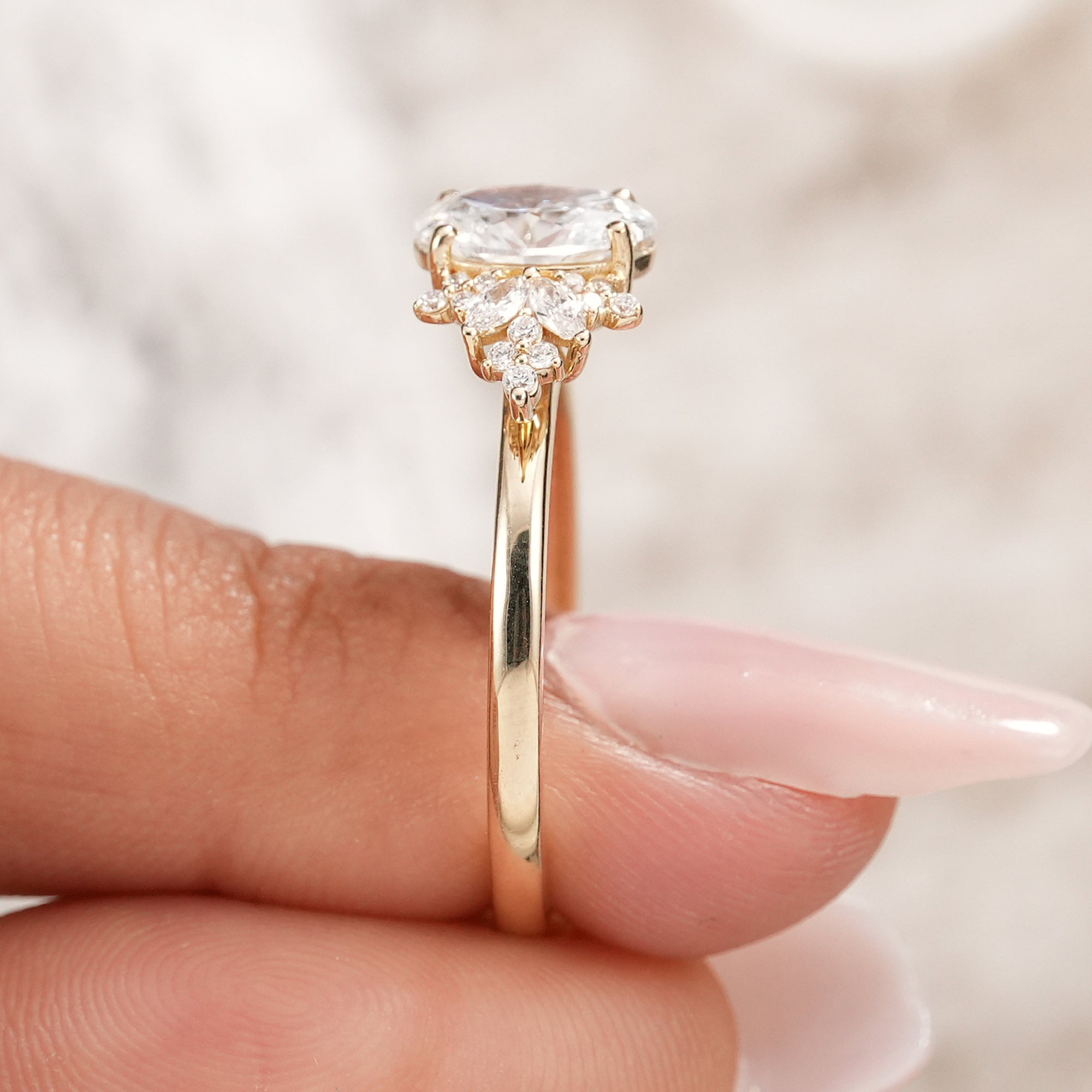 oval lab grown diamond Marquise & Round Floral Side Cluster