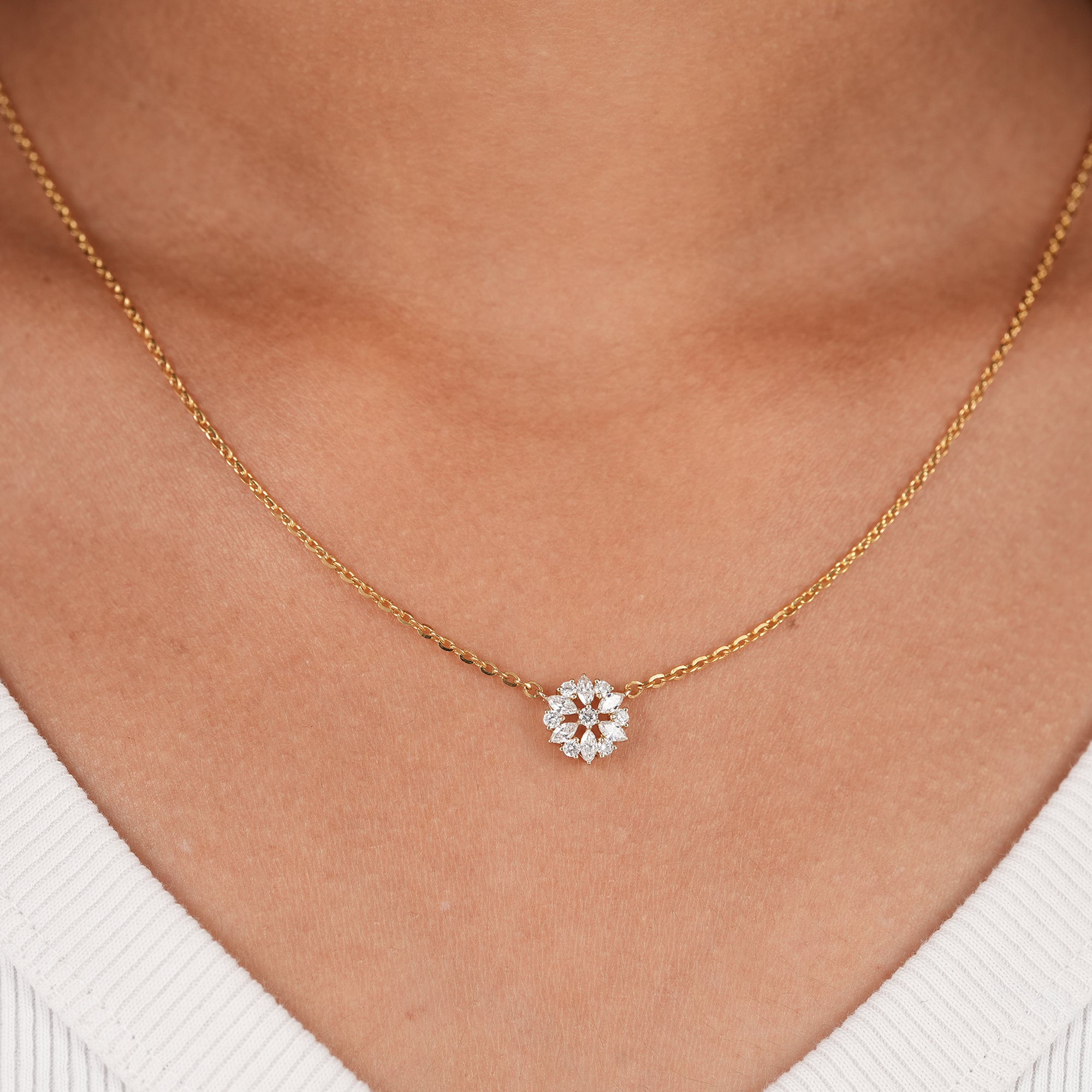 Marquise and round lab grown diamond floral pendant necklace in yellow gold