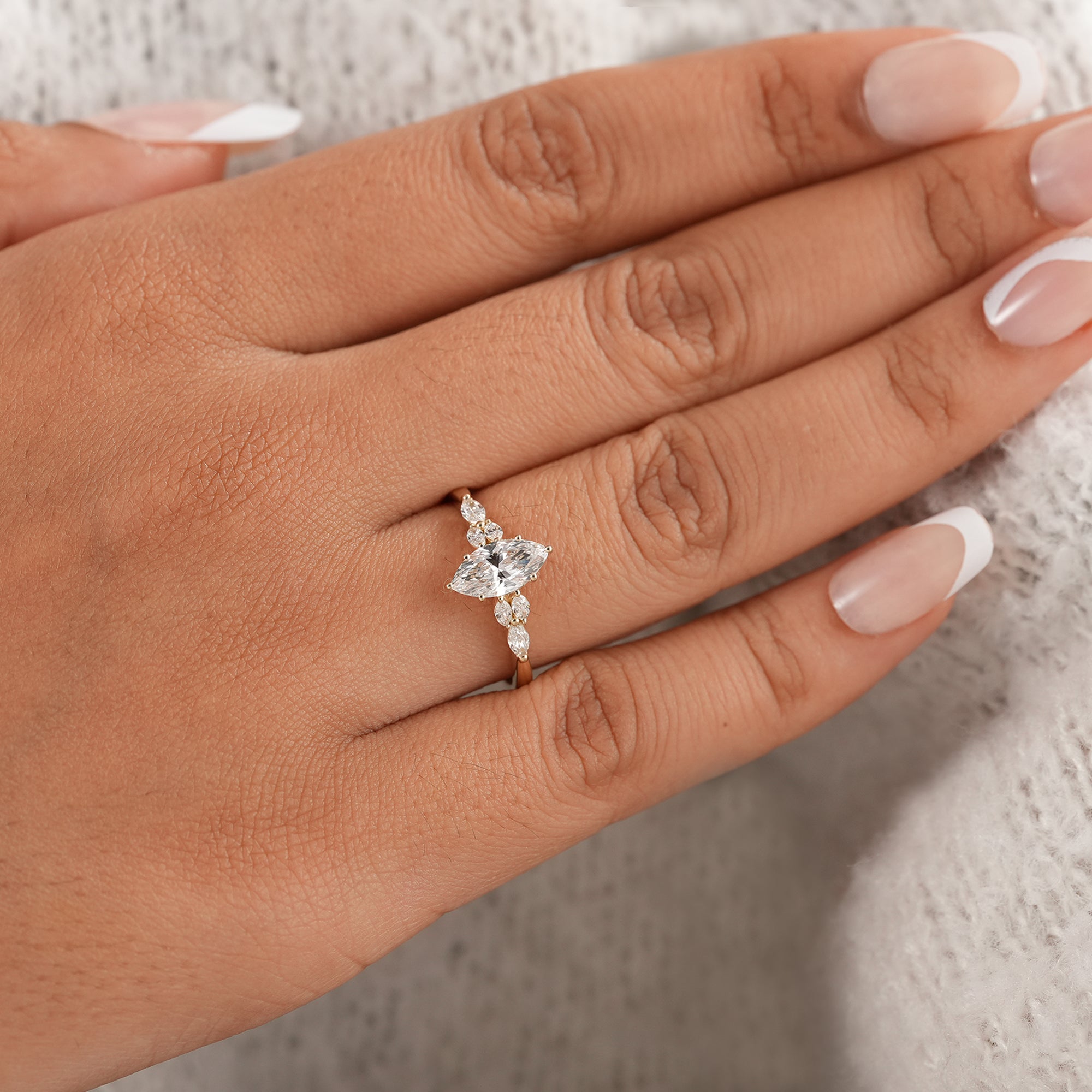 Fine jewelry marquise engagement ring with cathedral setting