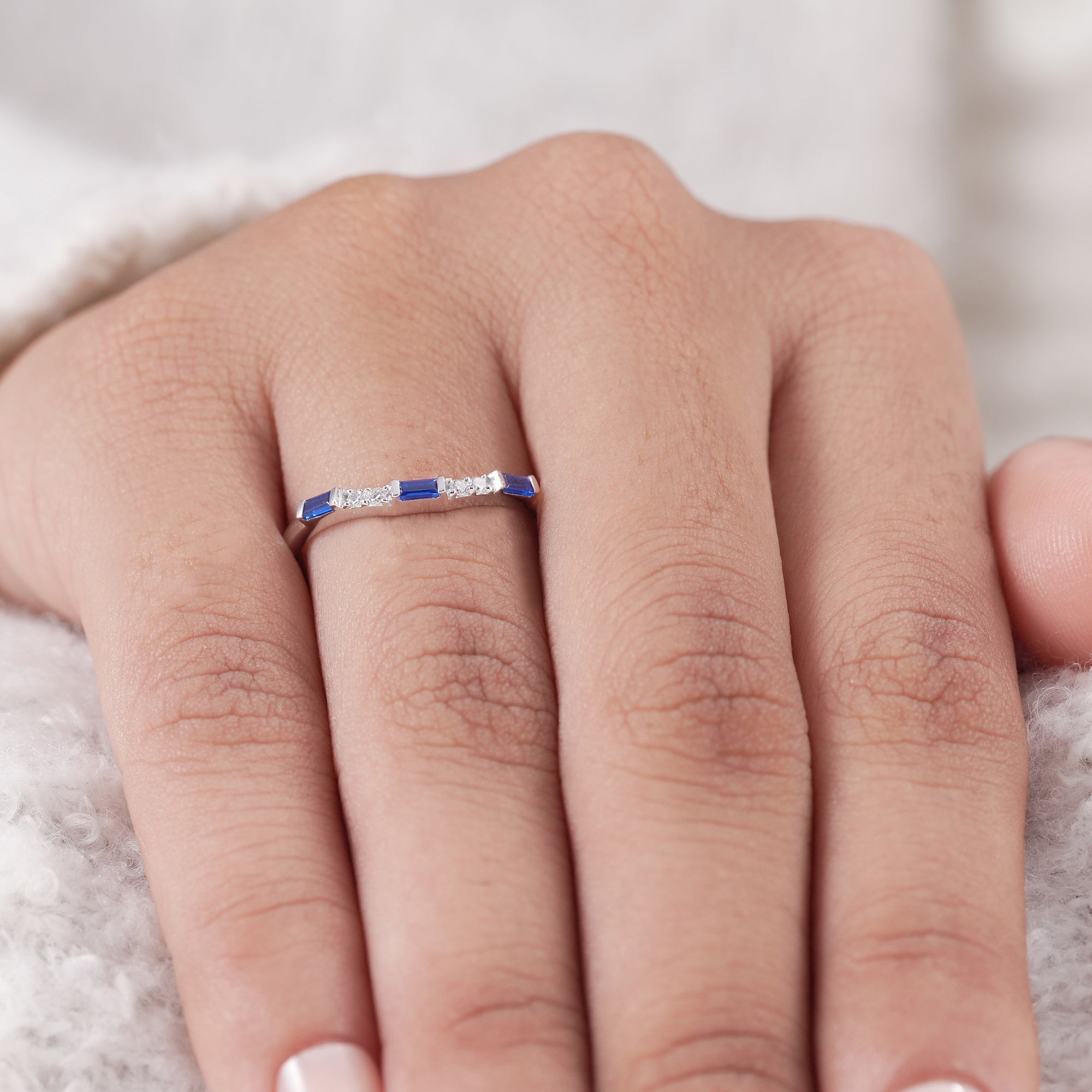 Blue baguette and round diamond anniversary band