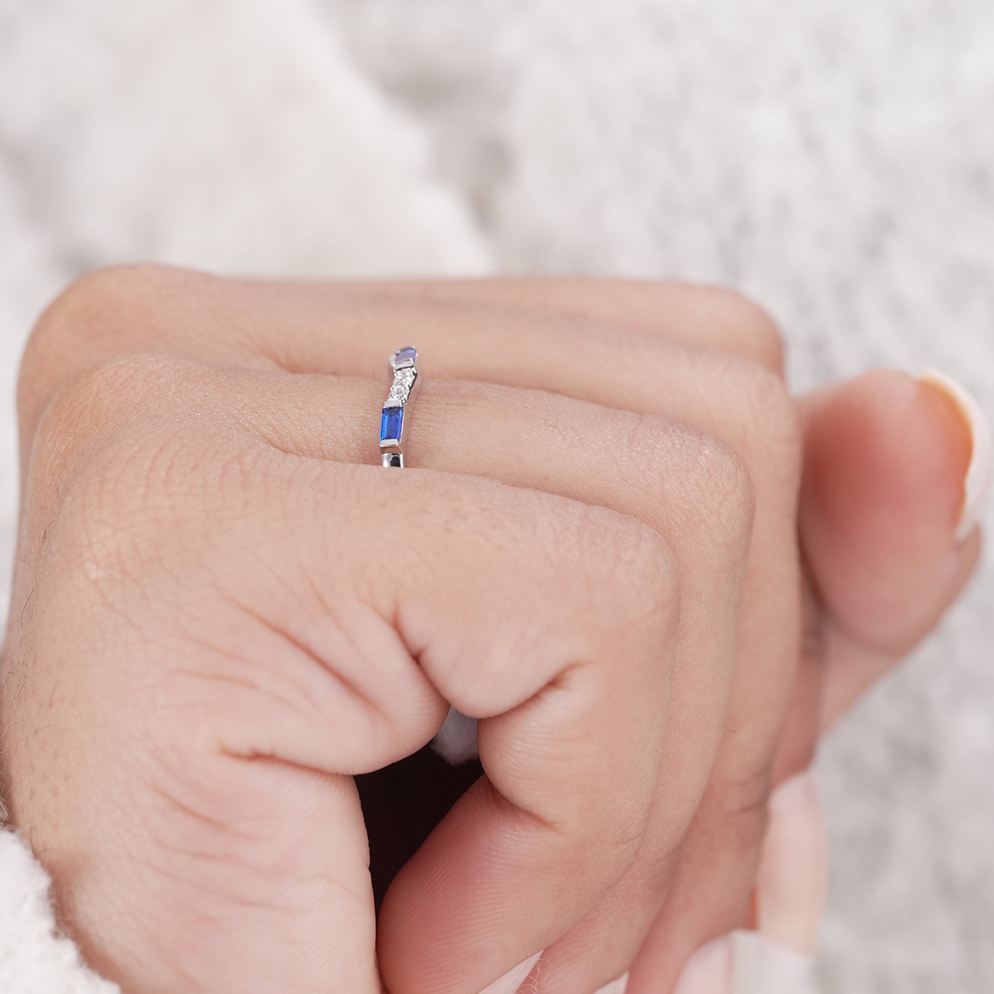 Minimalist blue gemstone and diamond stacking band