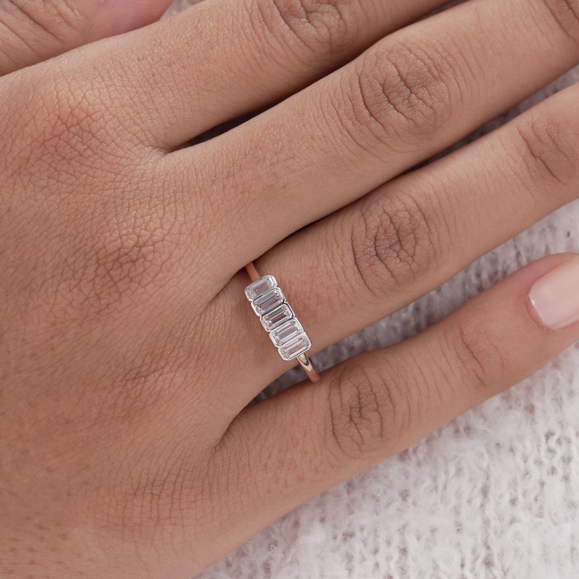Bezel Set 5 Stone Emerald Cut Lab Diamond Wedding Band