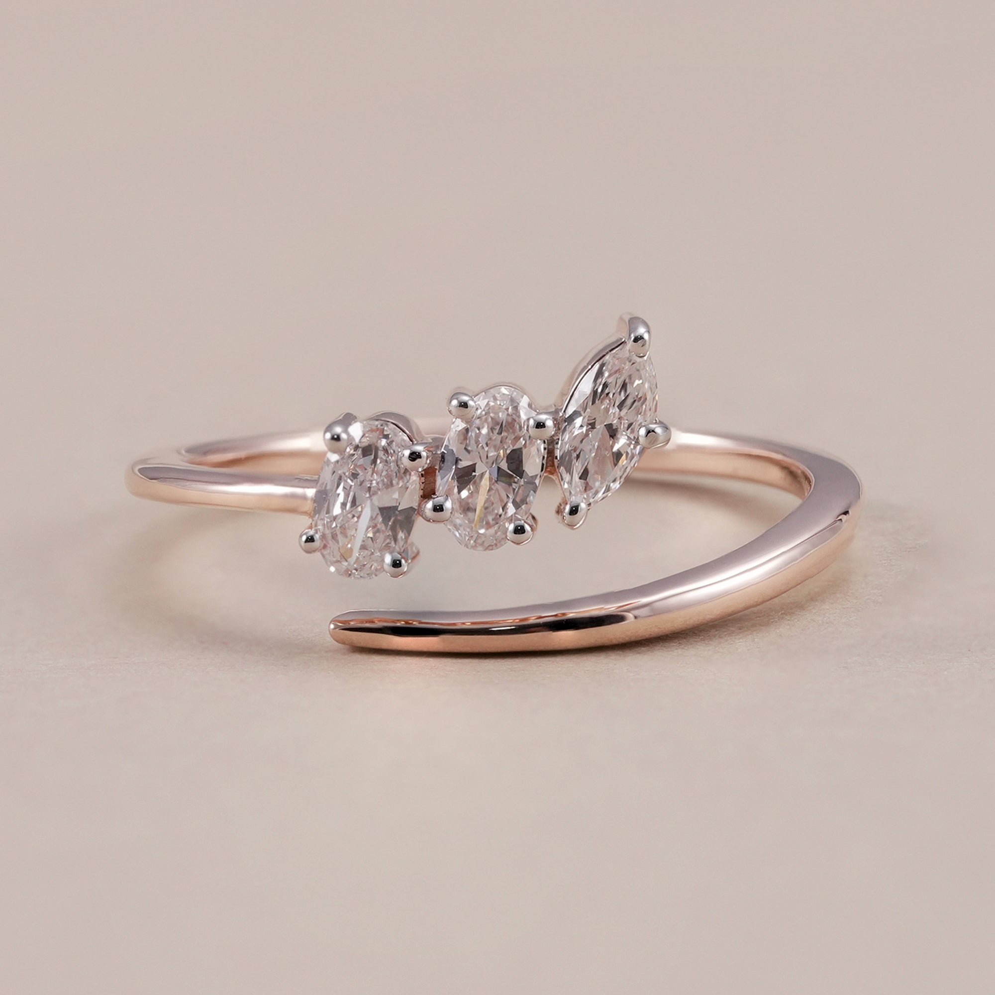 Open wedding band with oval and marquise lab grown diamonds
