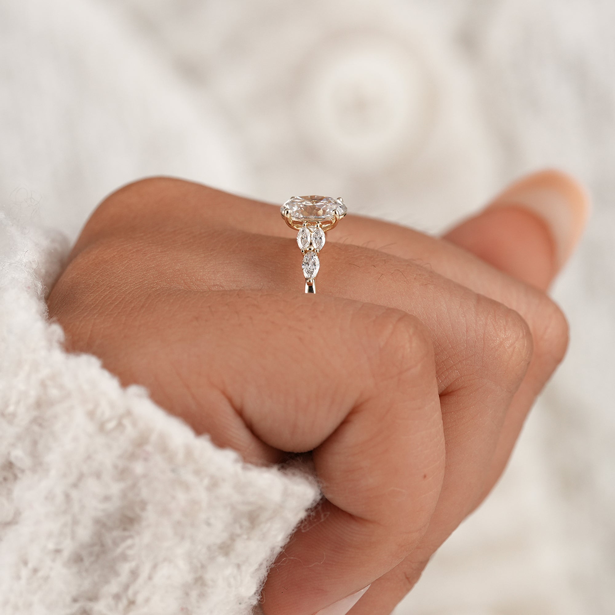 Sustainable oval lab diamond wedding ring with marquise accents