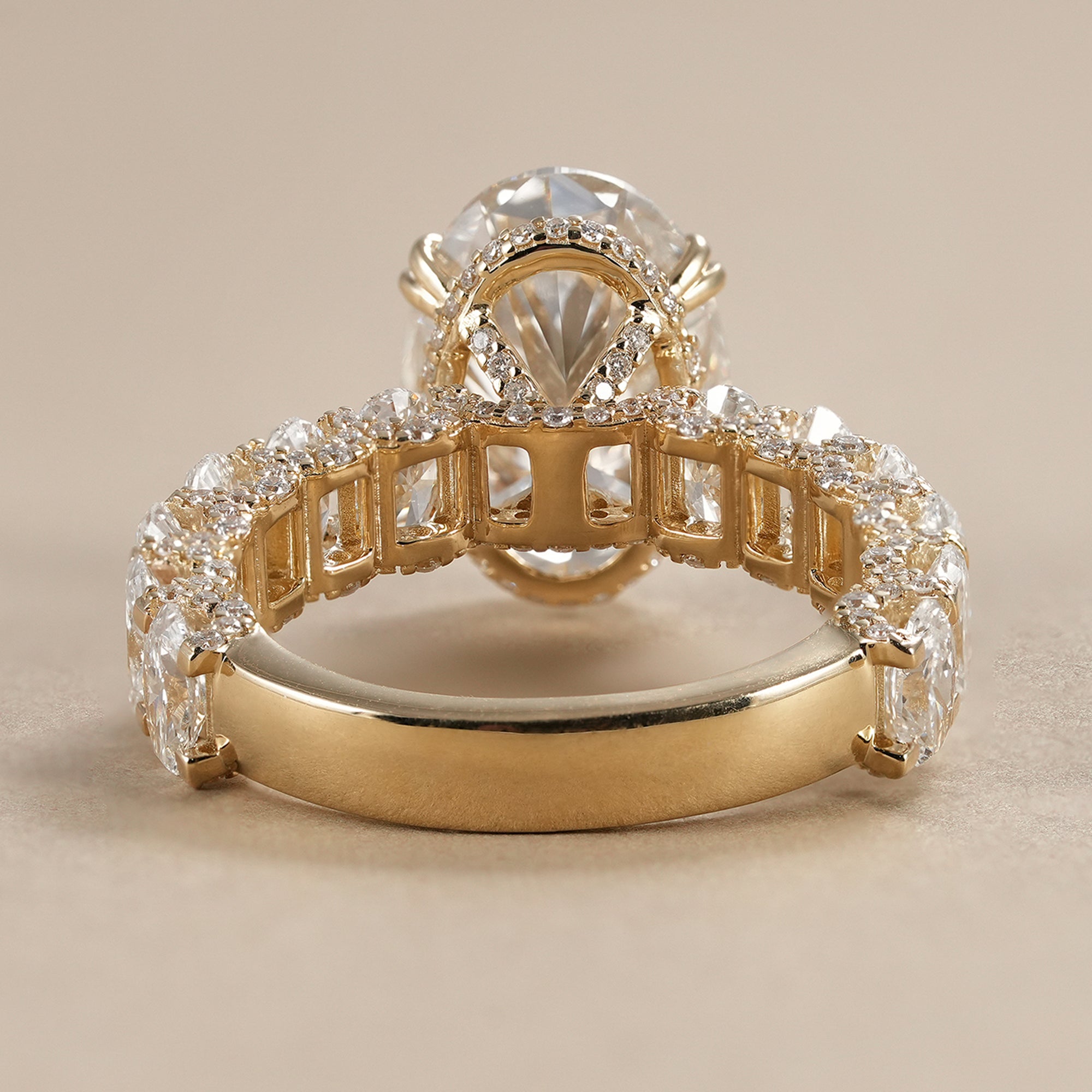 Premium oval diamond ring with full detailed lab diamond band and hidden halo setting.