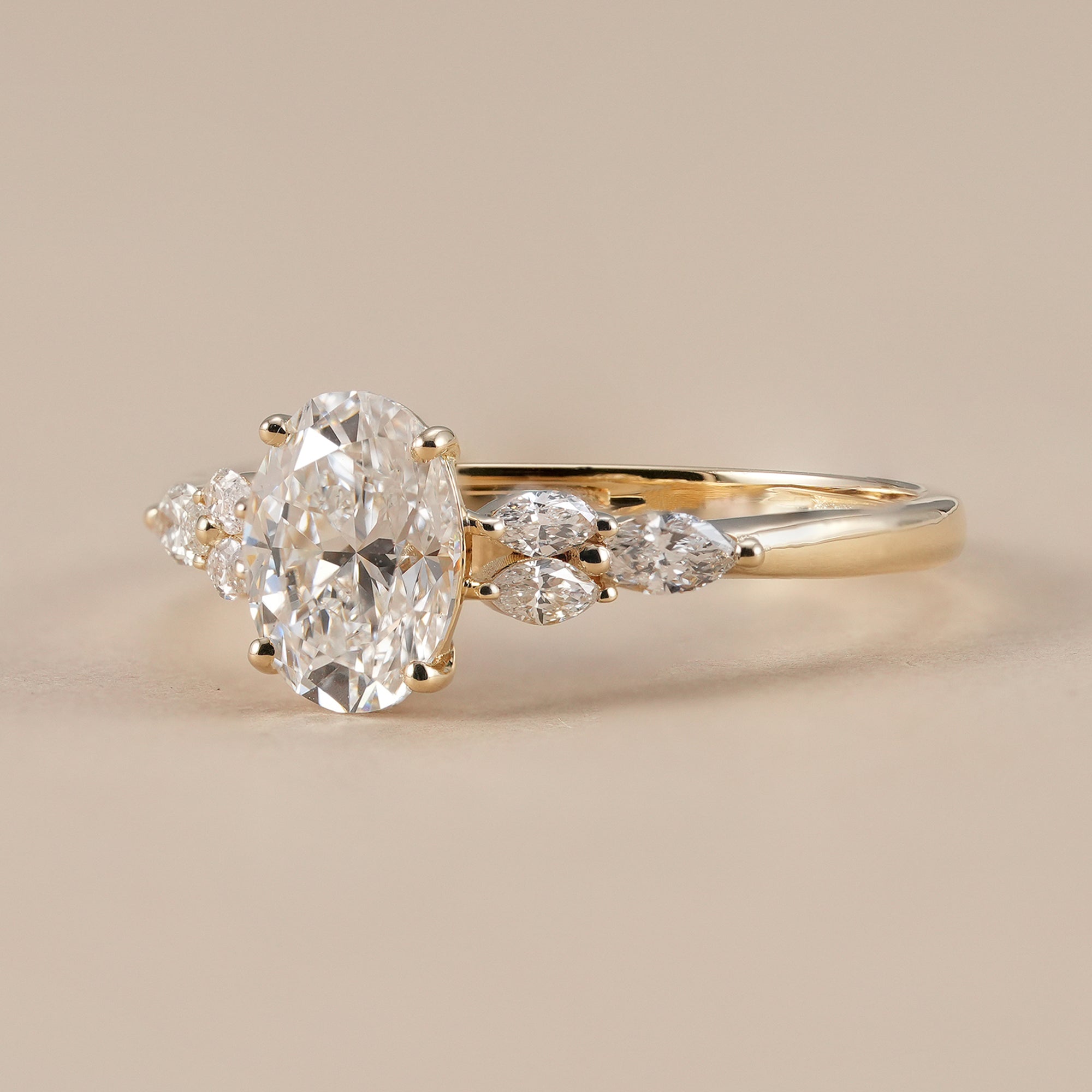 IGI certified oval diamond cathedral engagement ring in solid gold