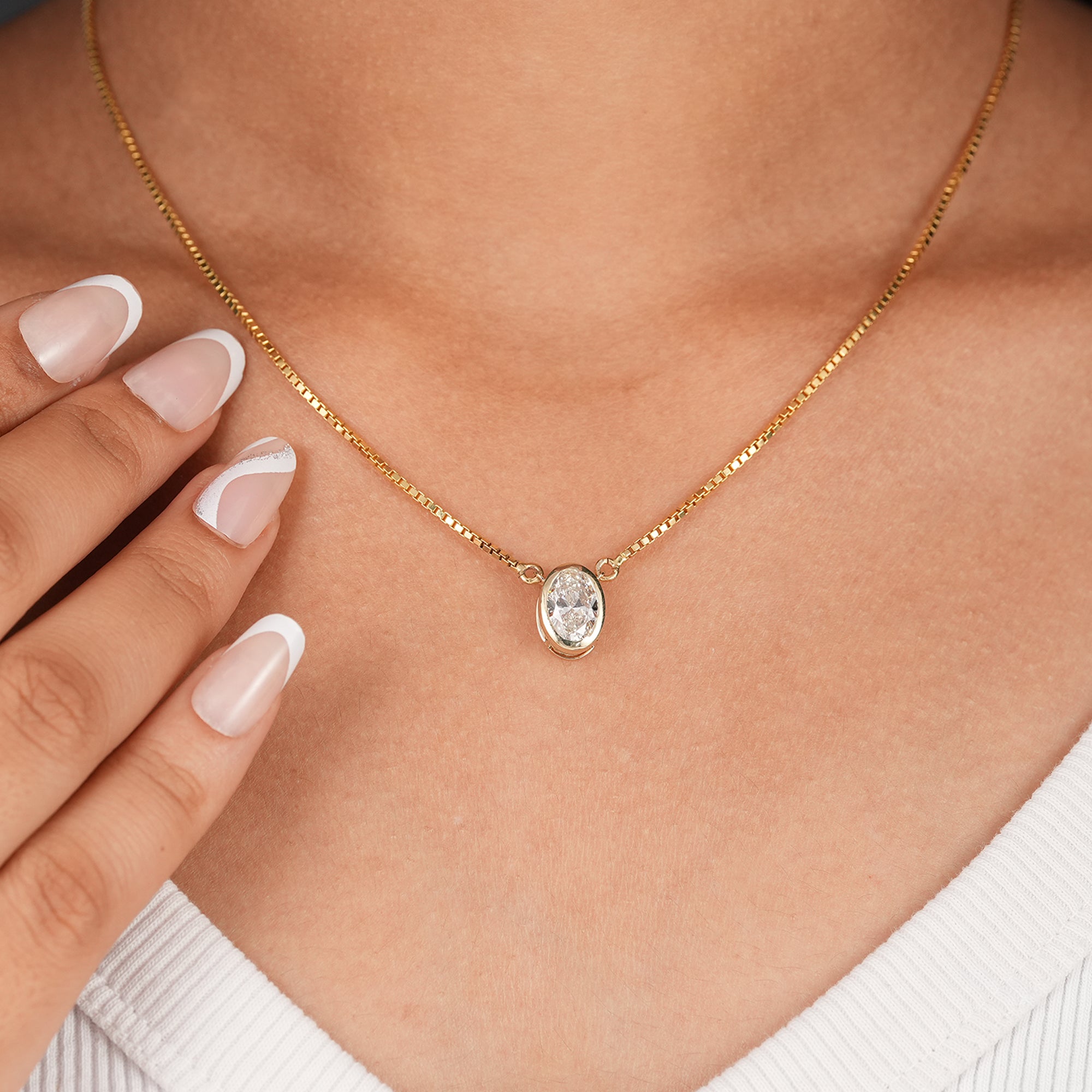 Bezel set oval diamond solitaire pendant necklace for women