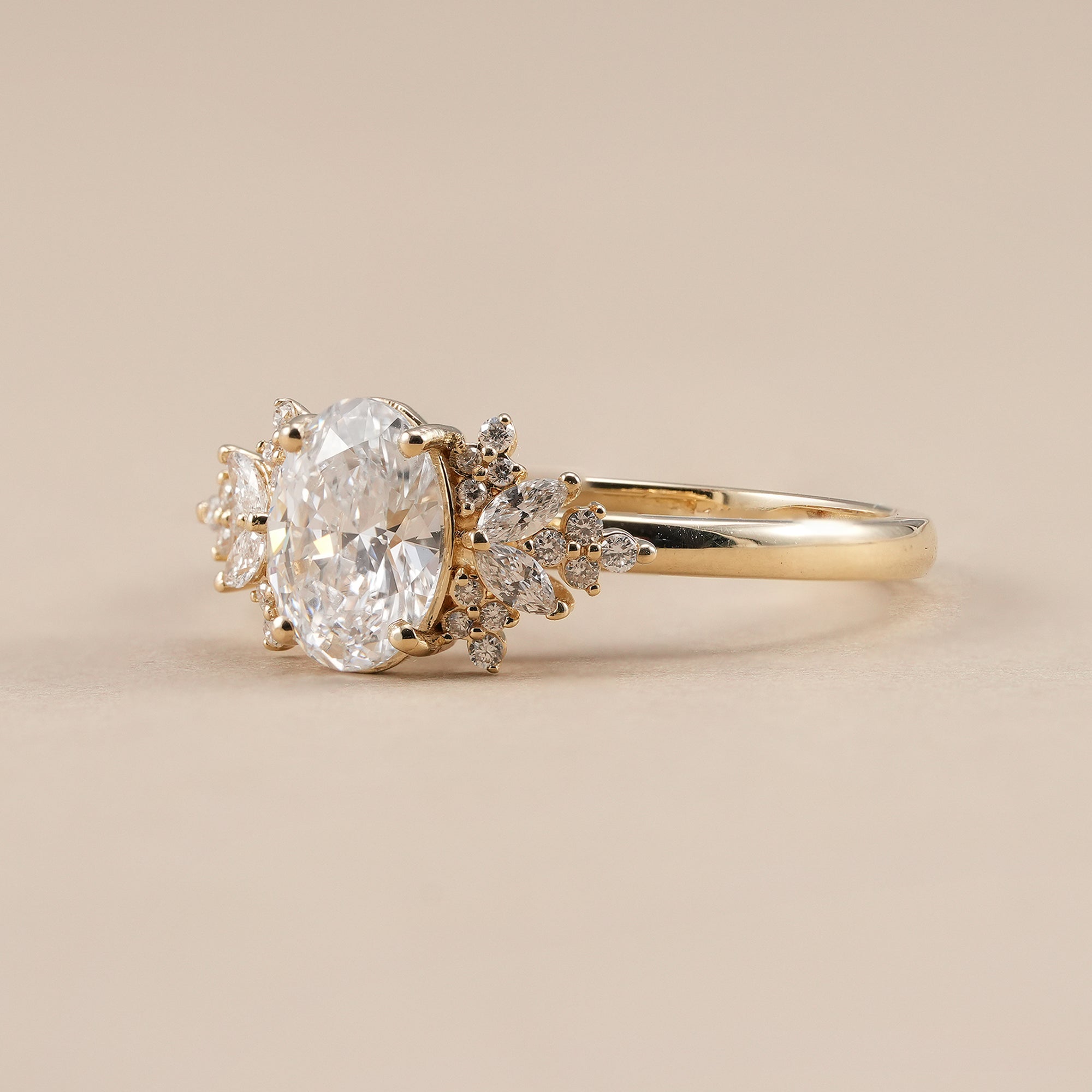 Oval floral lab grown diamond engagement ring in solid gold