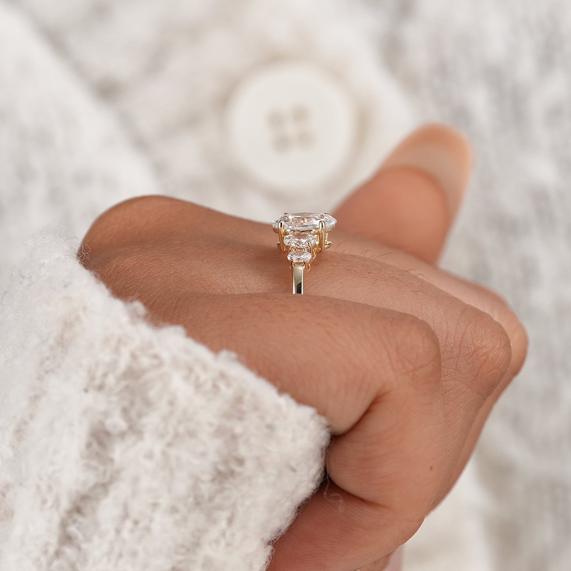 Handmade oval lab diamond ring with elegant five stone design