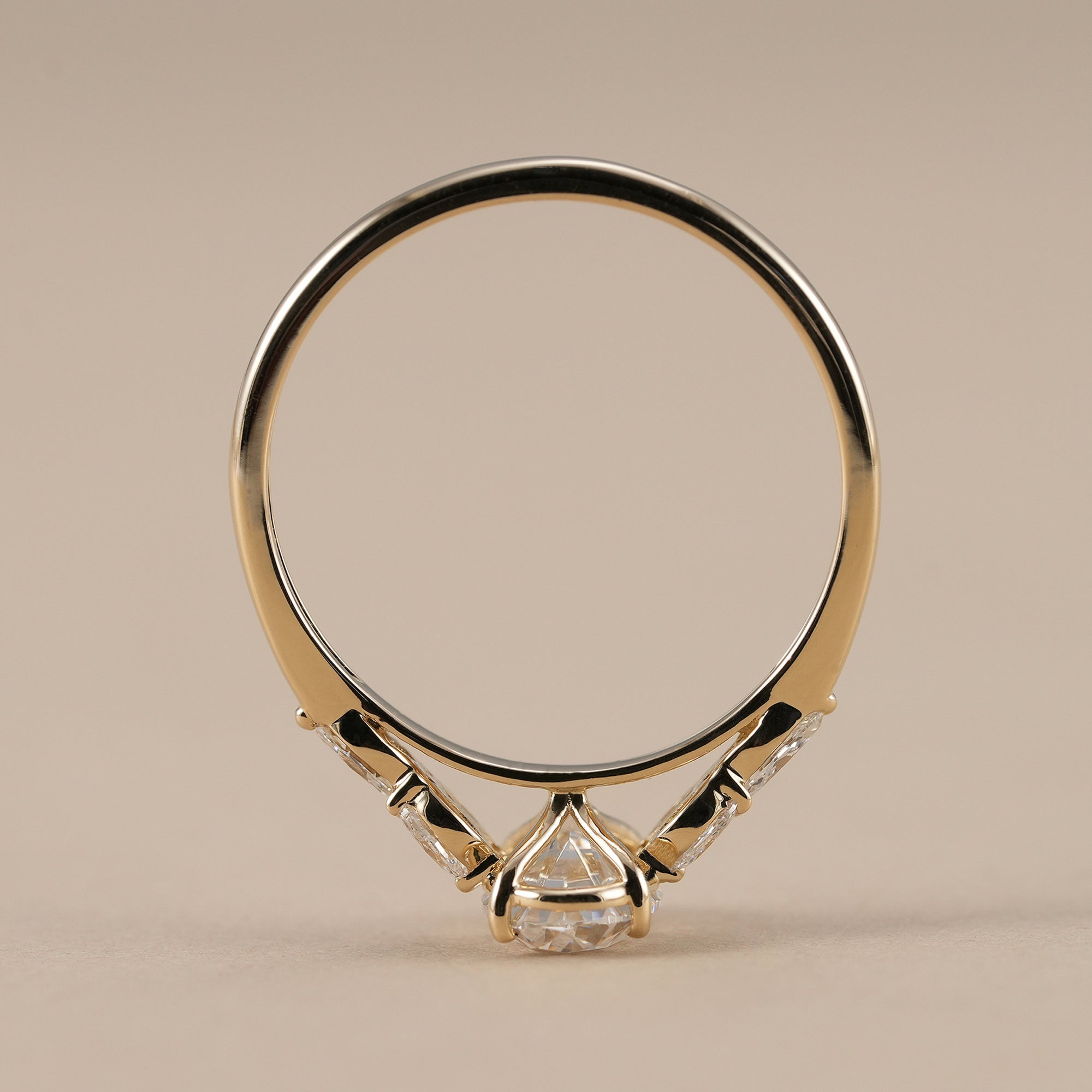 Oval cathedral lab grown diamond ring on white background