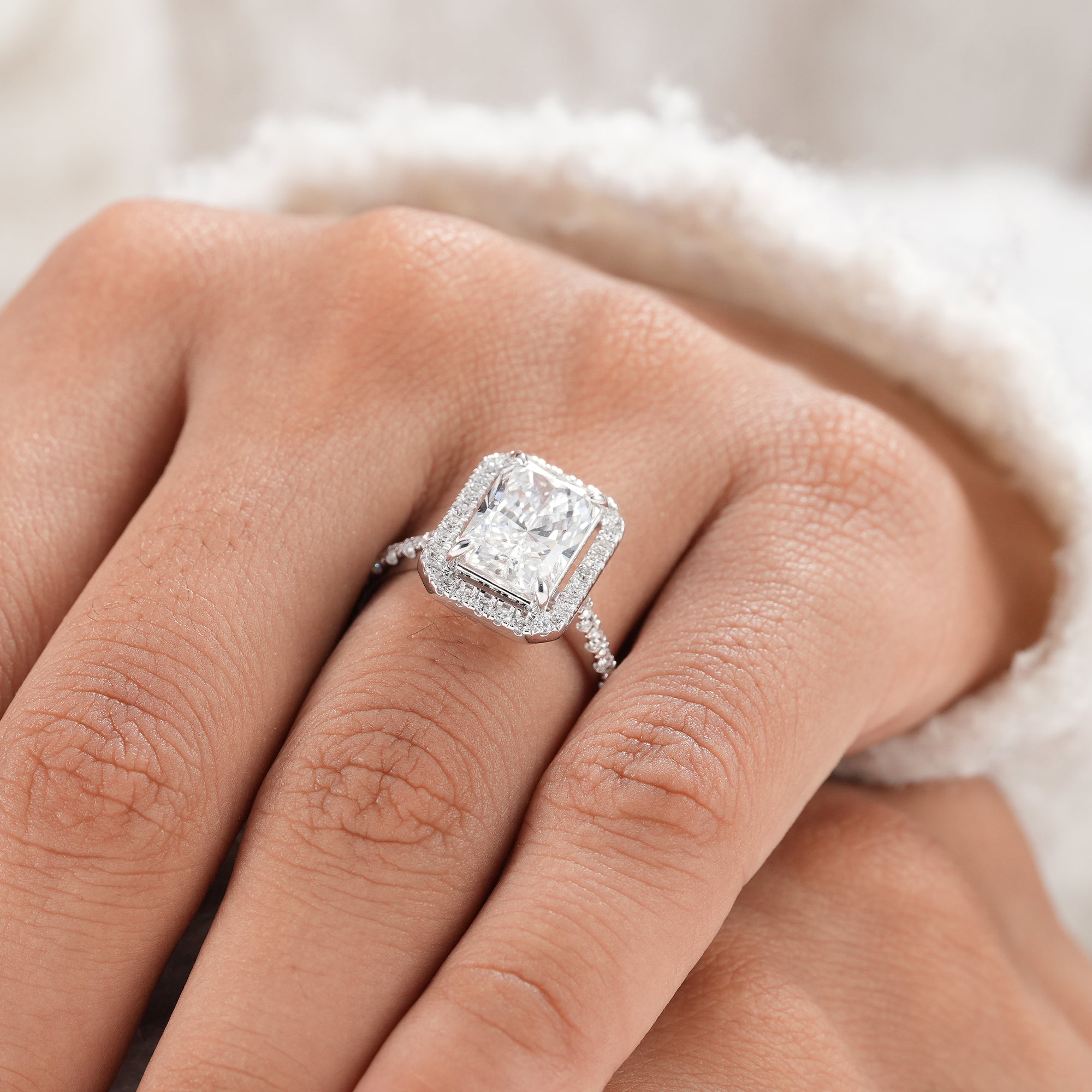 Anniversary gift radiant halo diamond engagement ring.