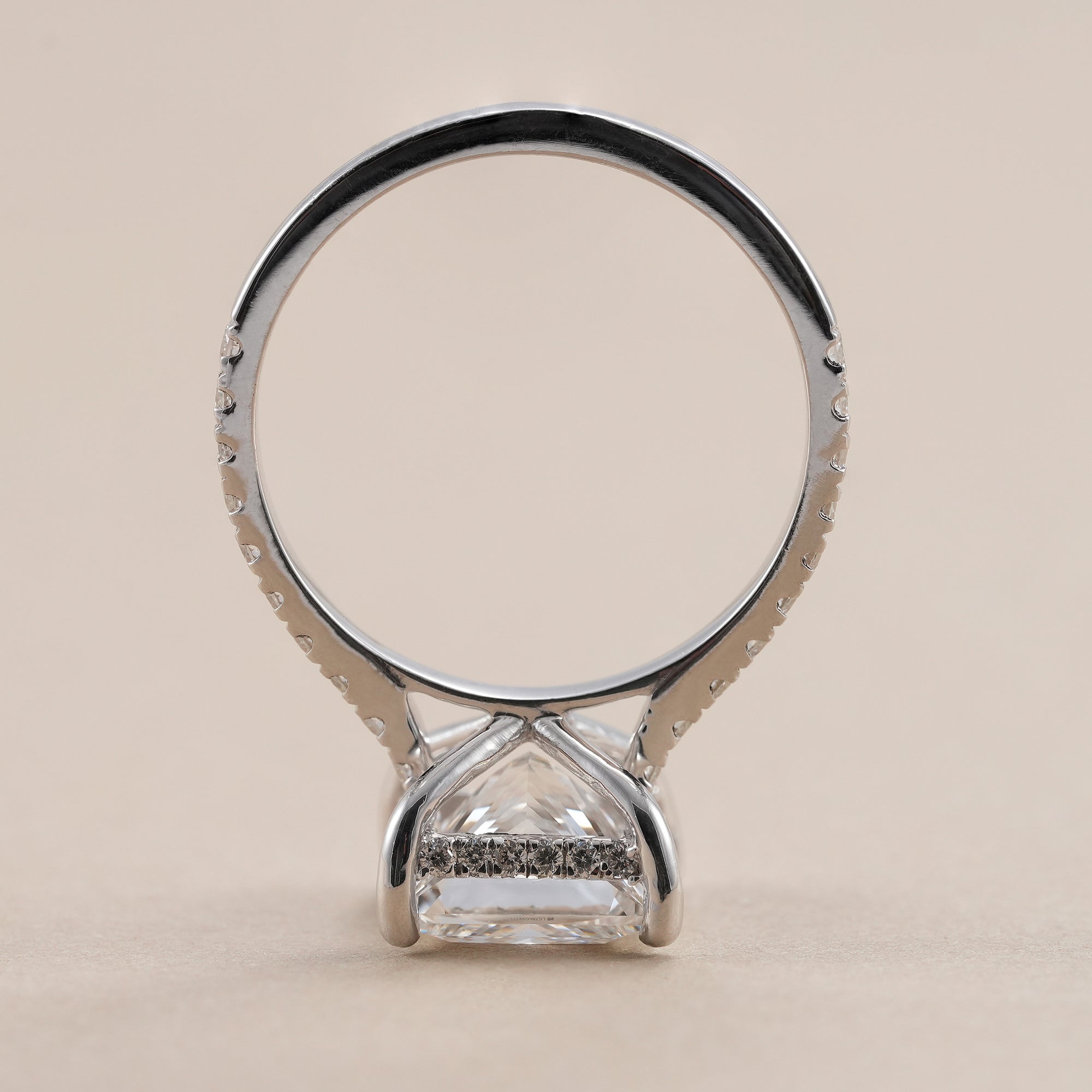 White gold princess diamond ring with pavé diamond band.