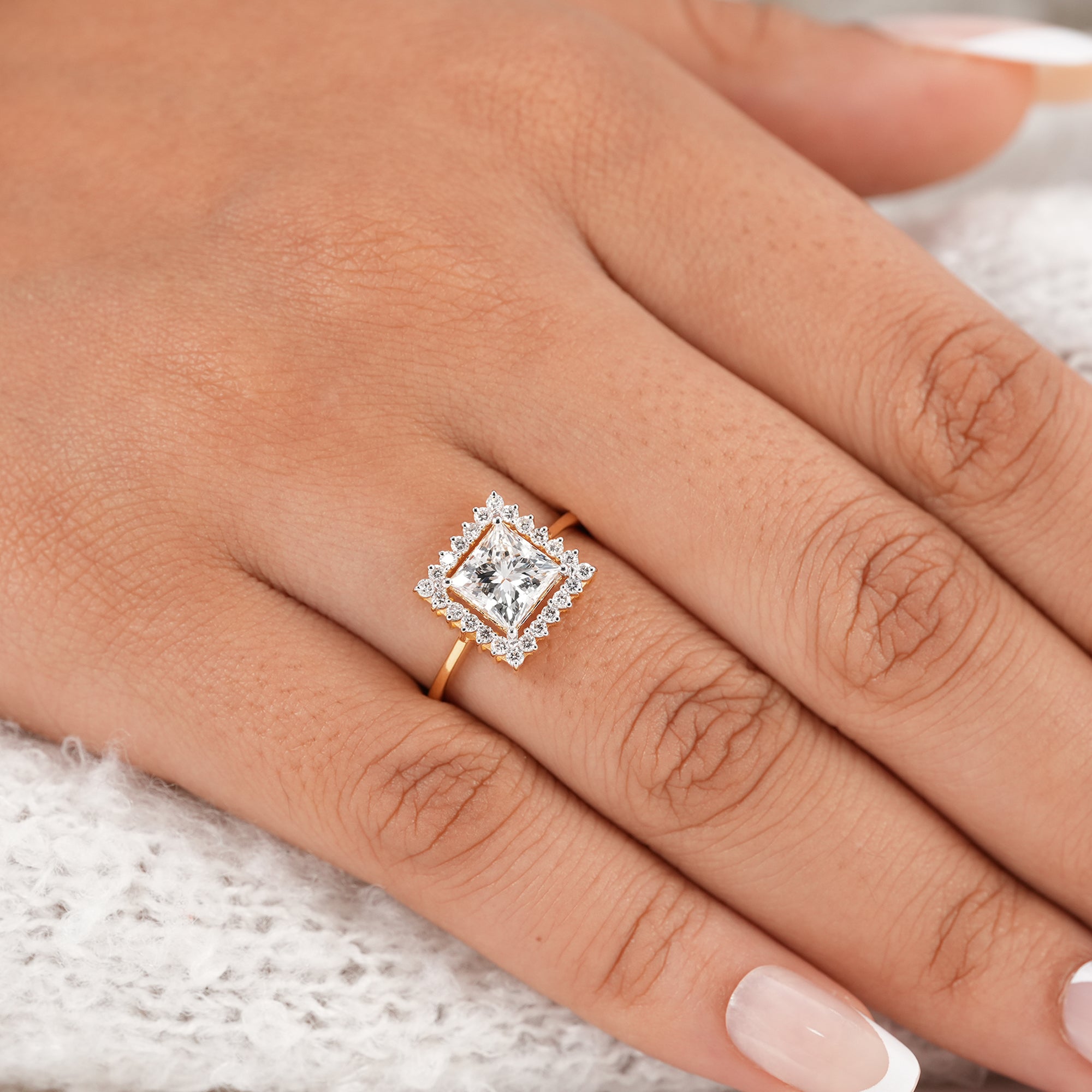 Solid gold princess cut halo lab diamond ring for women