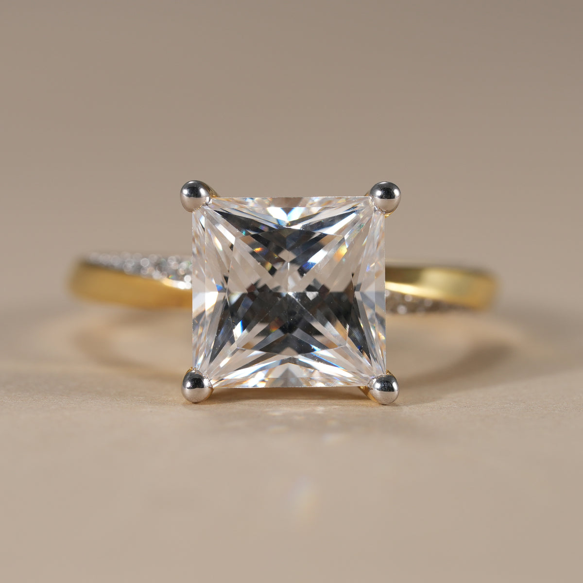 Princess lab grown diamond engagement ring featuring a brilliant 4 CT solitaire with twisted pavé band.