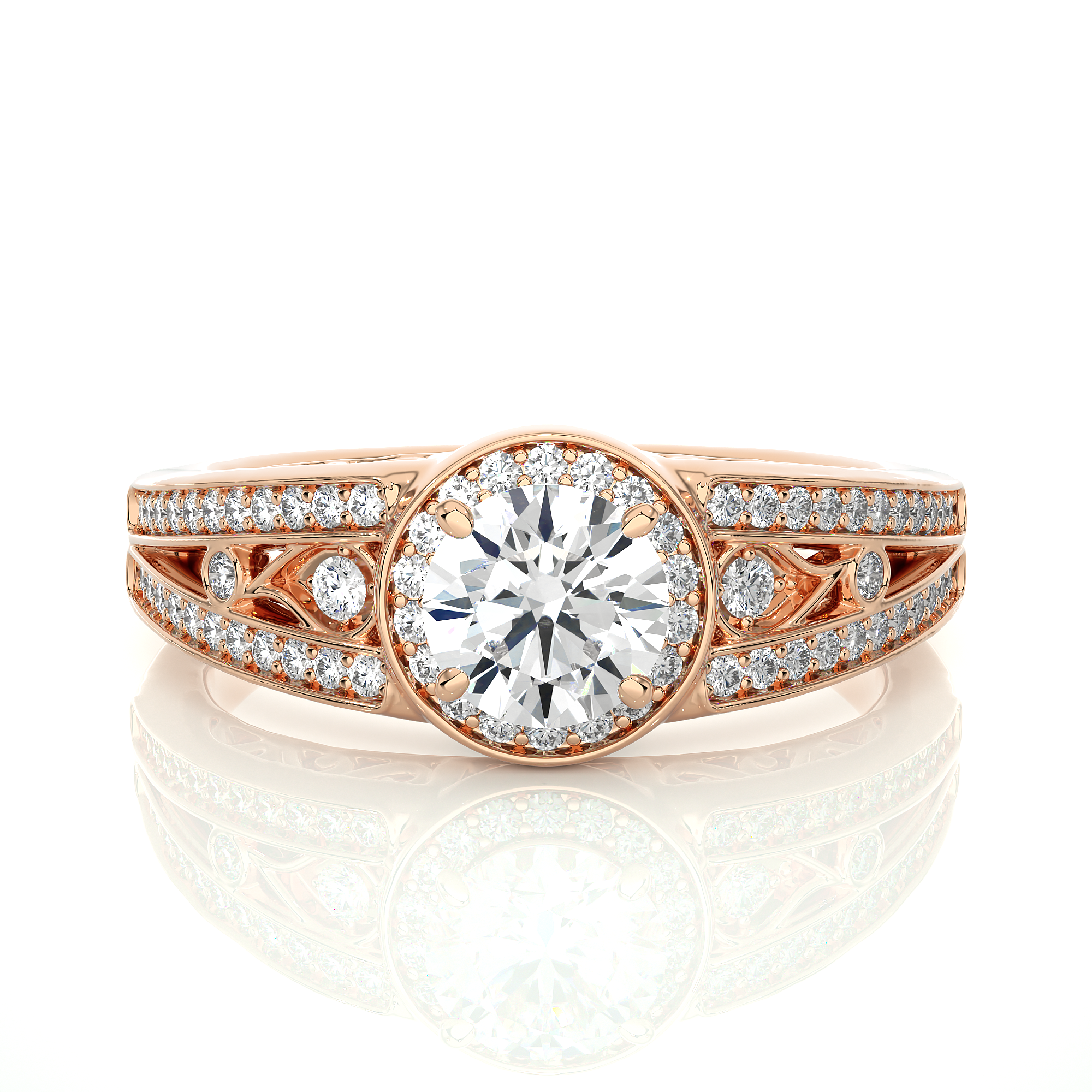 Round Diamond Halo Engagement Ring With Split Shank Band