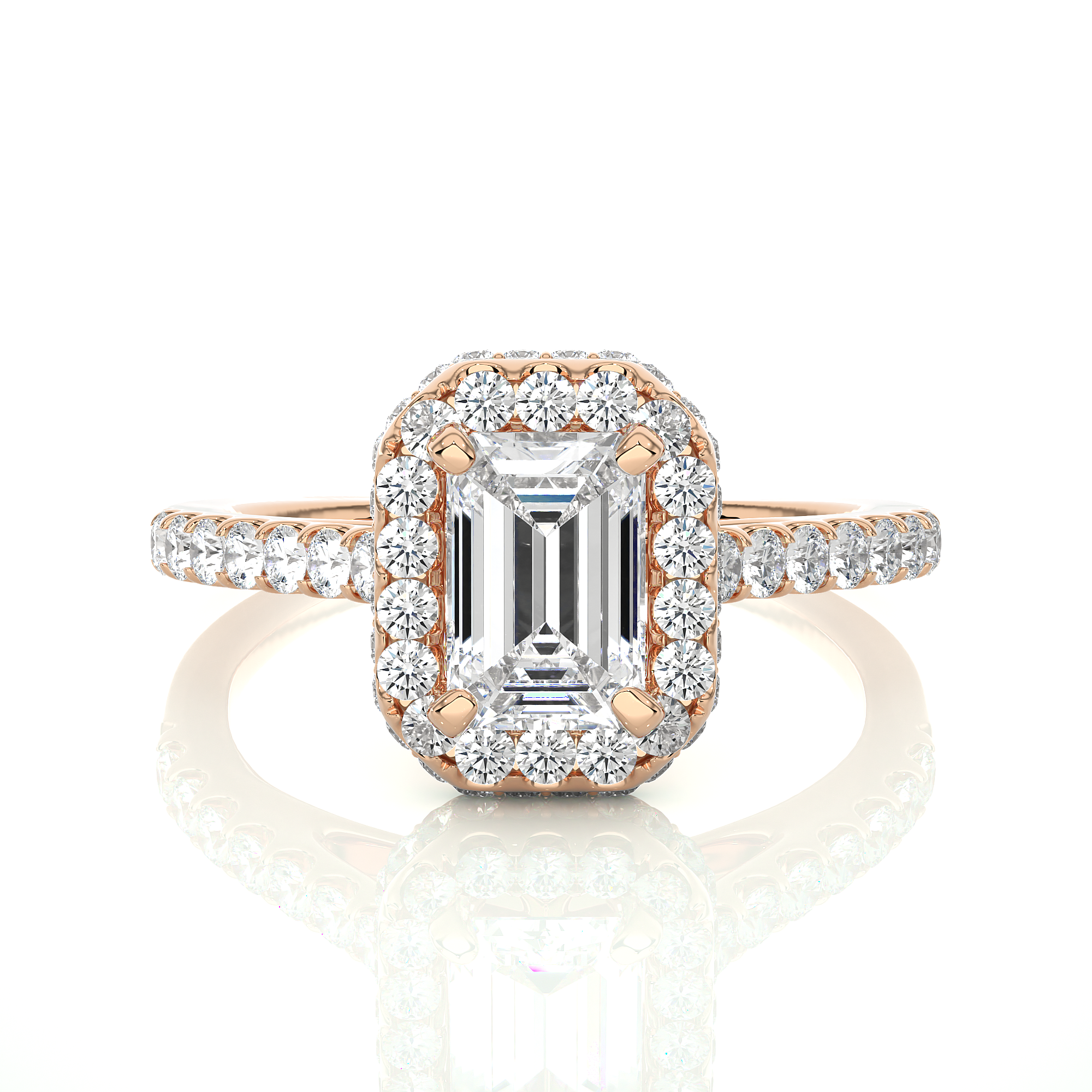 Rose gold ring with emerald-cut diamond and halo of smaller diamonds on a white background