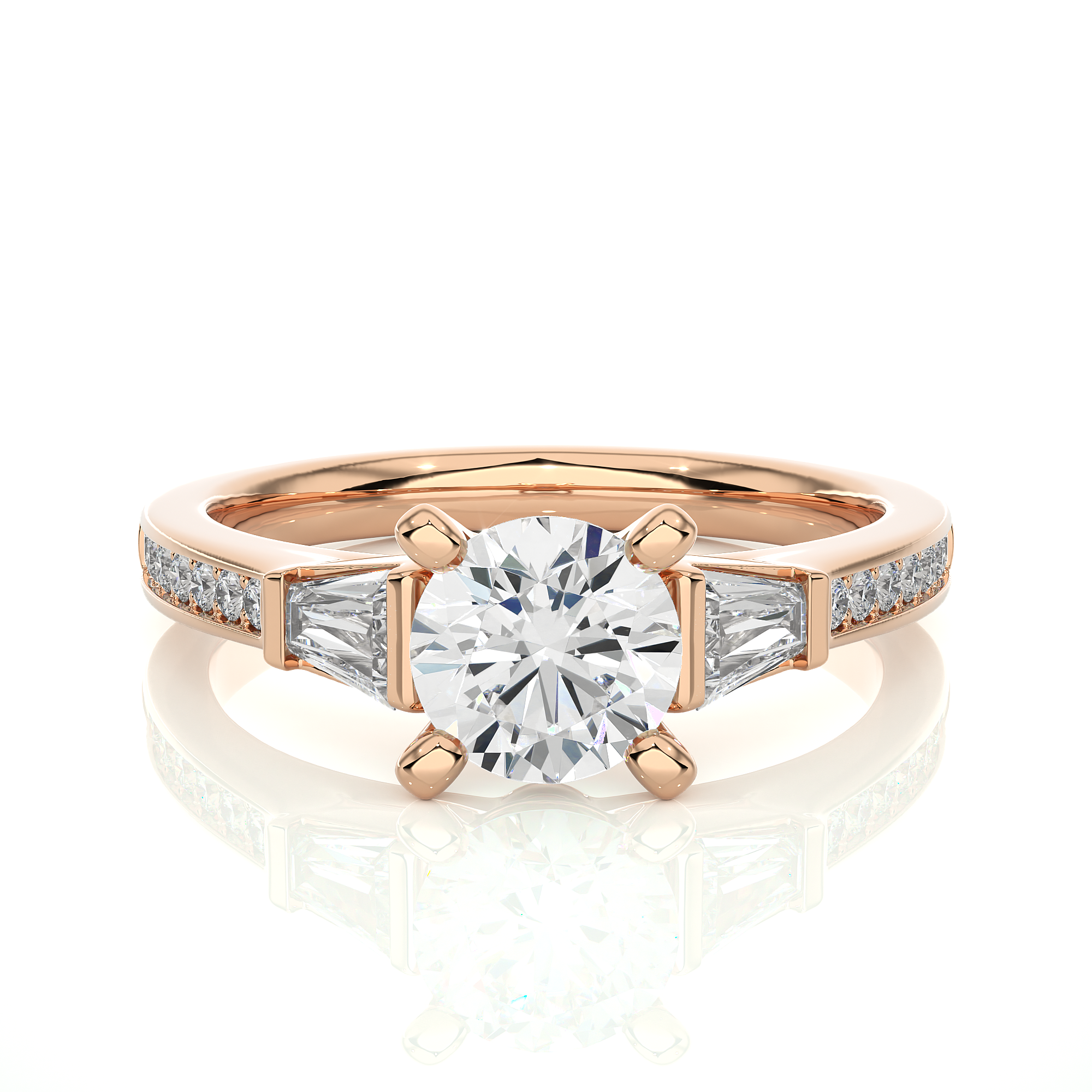 Round Diamond Three Stone Engagement Ring With Baguette Side Stones