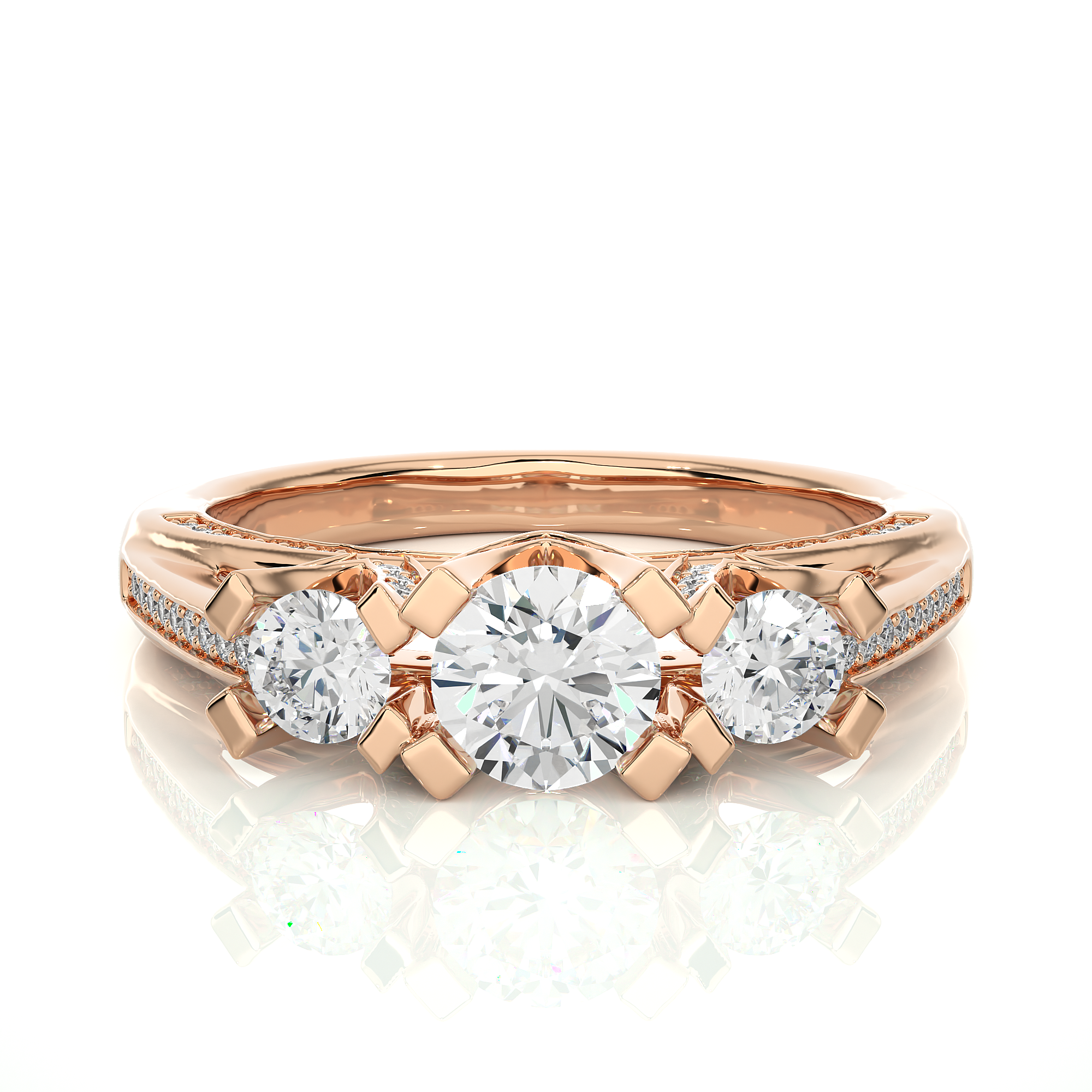 Three Stone Diamond Hidden Halo Engagement Ring