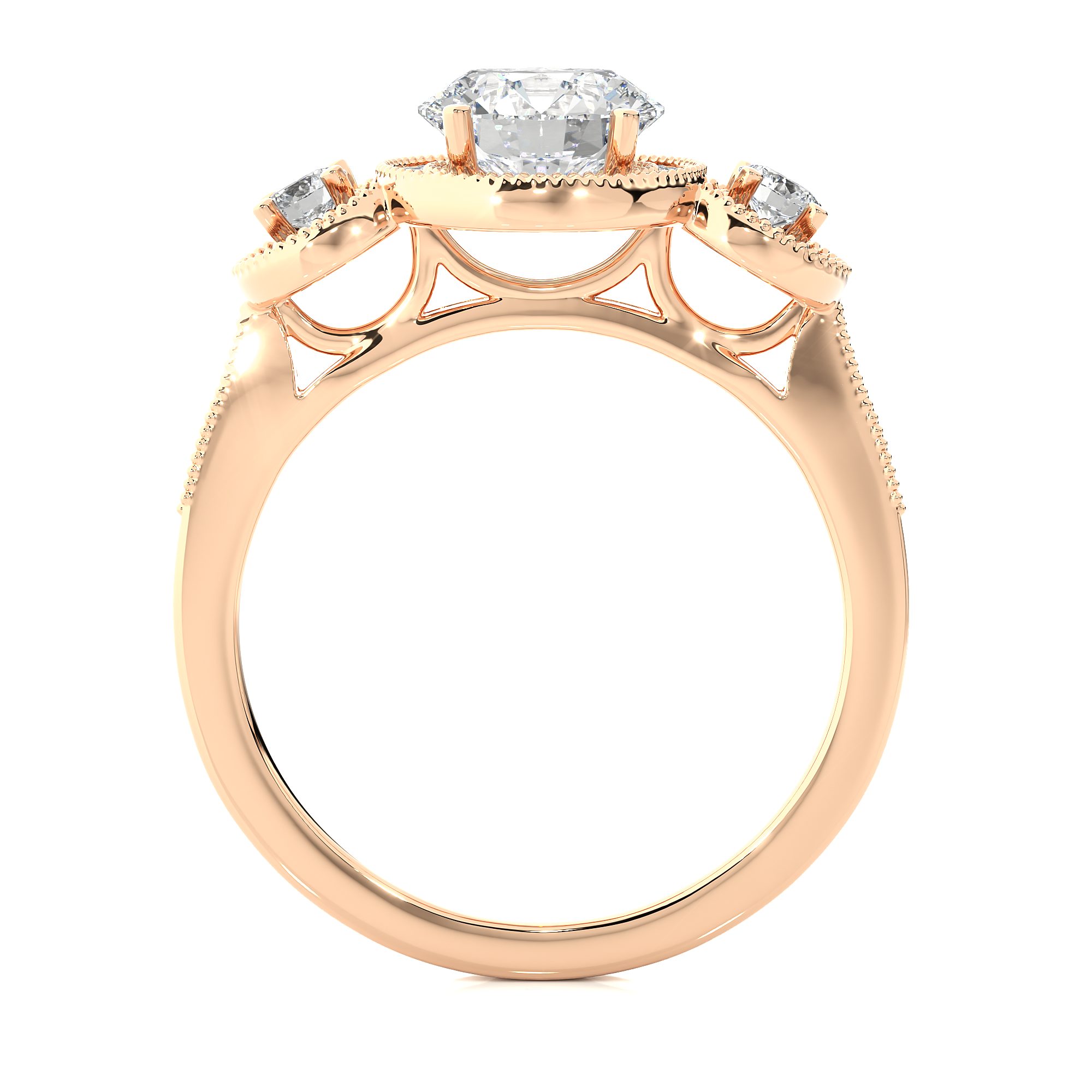 Round Lab Grown Diamond Halo Three Stone Ring