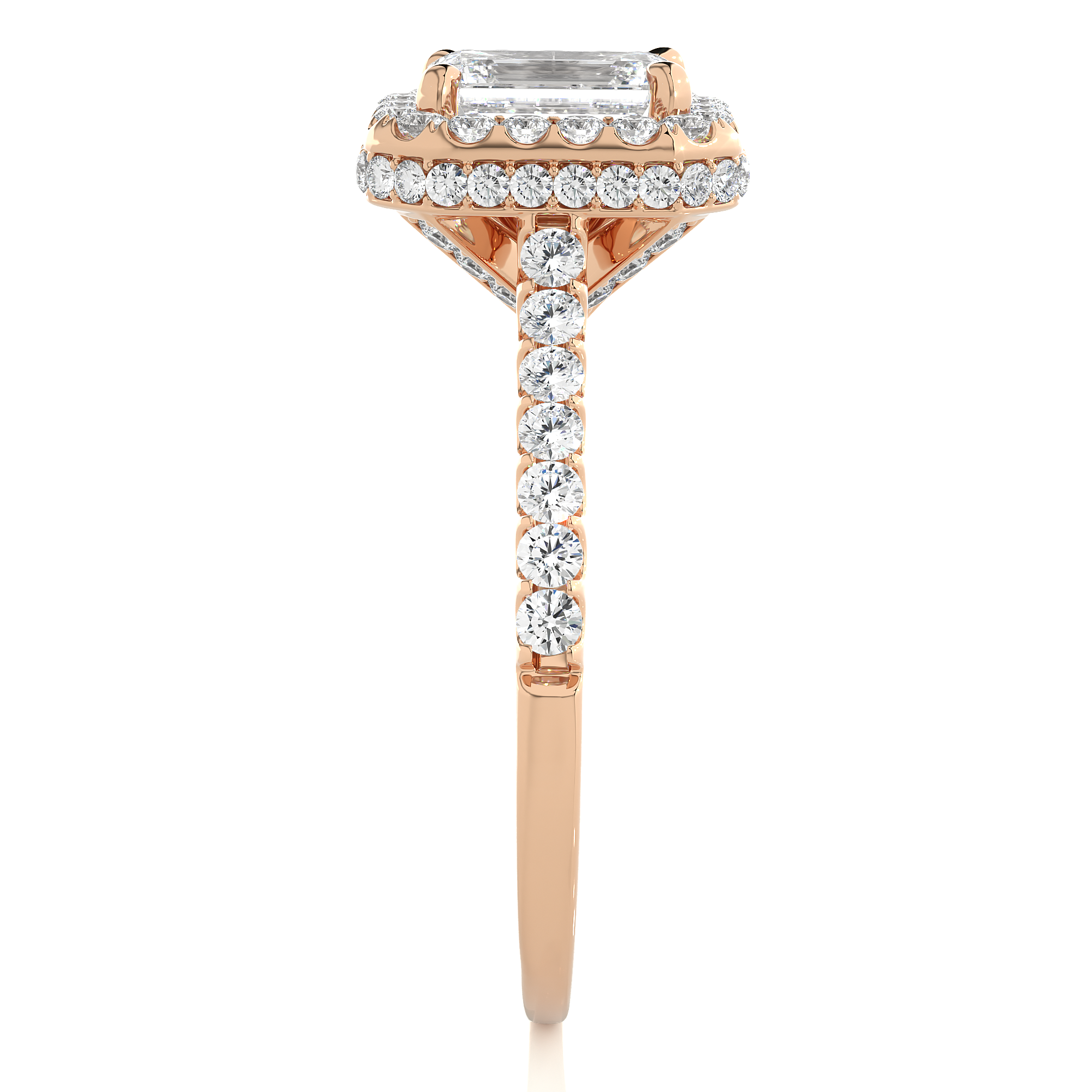 Rose gold diamond ring with a prominent gemstone on a white background