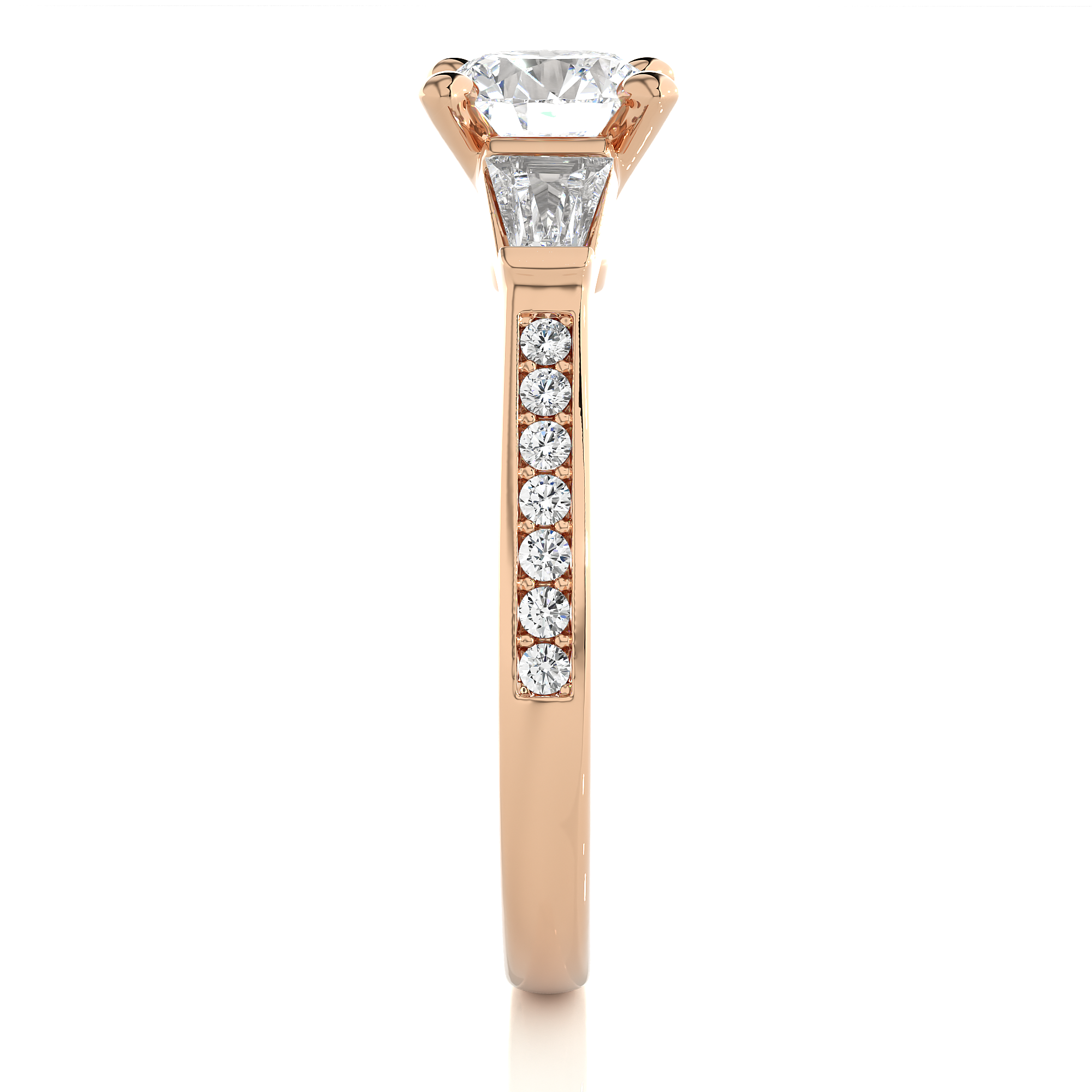 Round Diamond Three Stone Engagement Ring With Baguette Side Stones