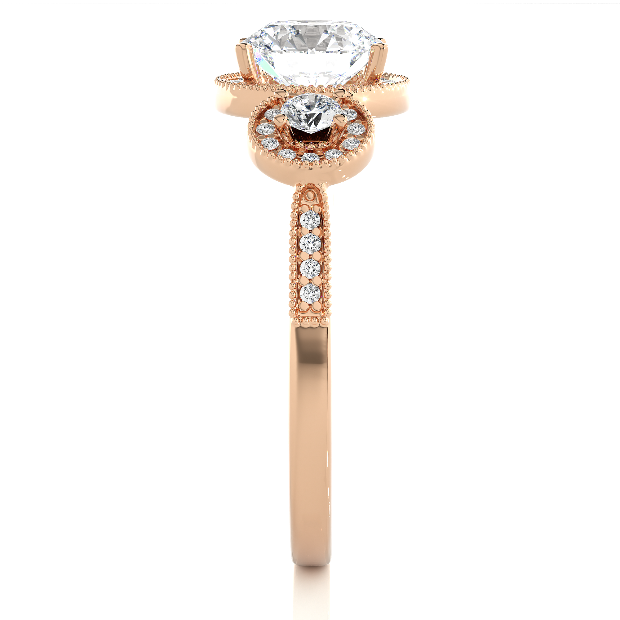 Round Lab Grown Diamond Halo Three Stone Ring
