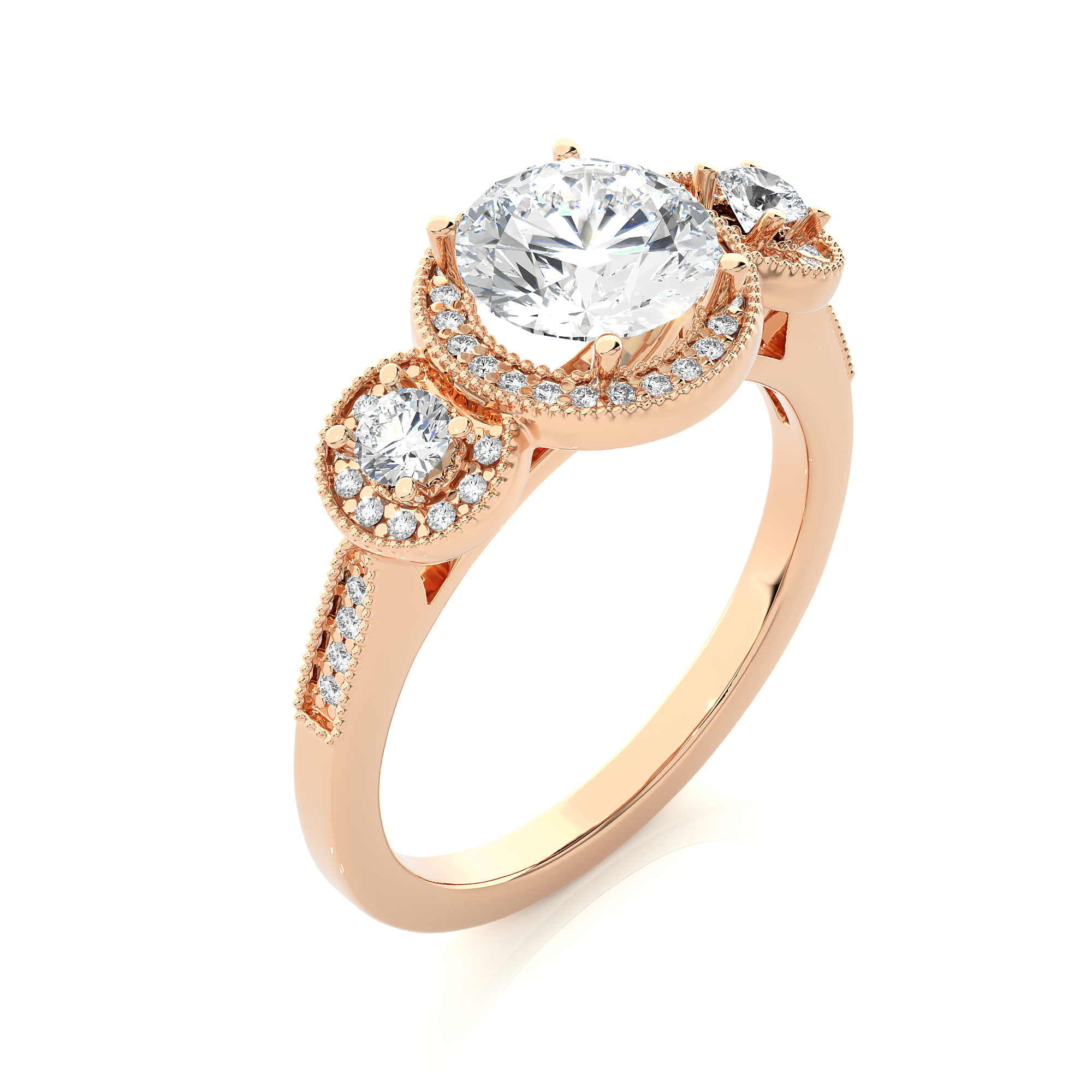 Round Lab Grown Diamond Halo Three Stone Ring