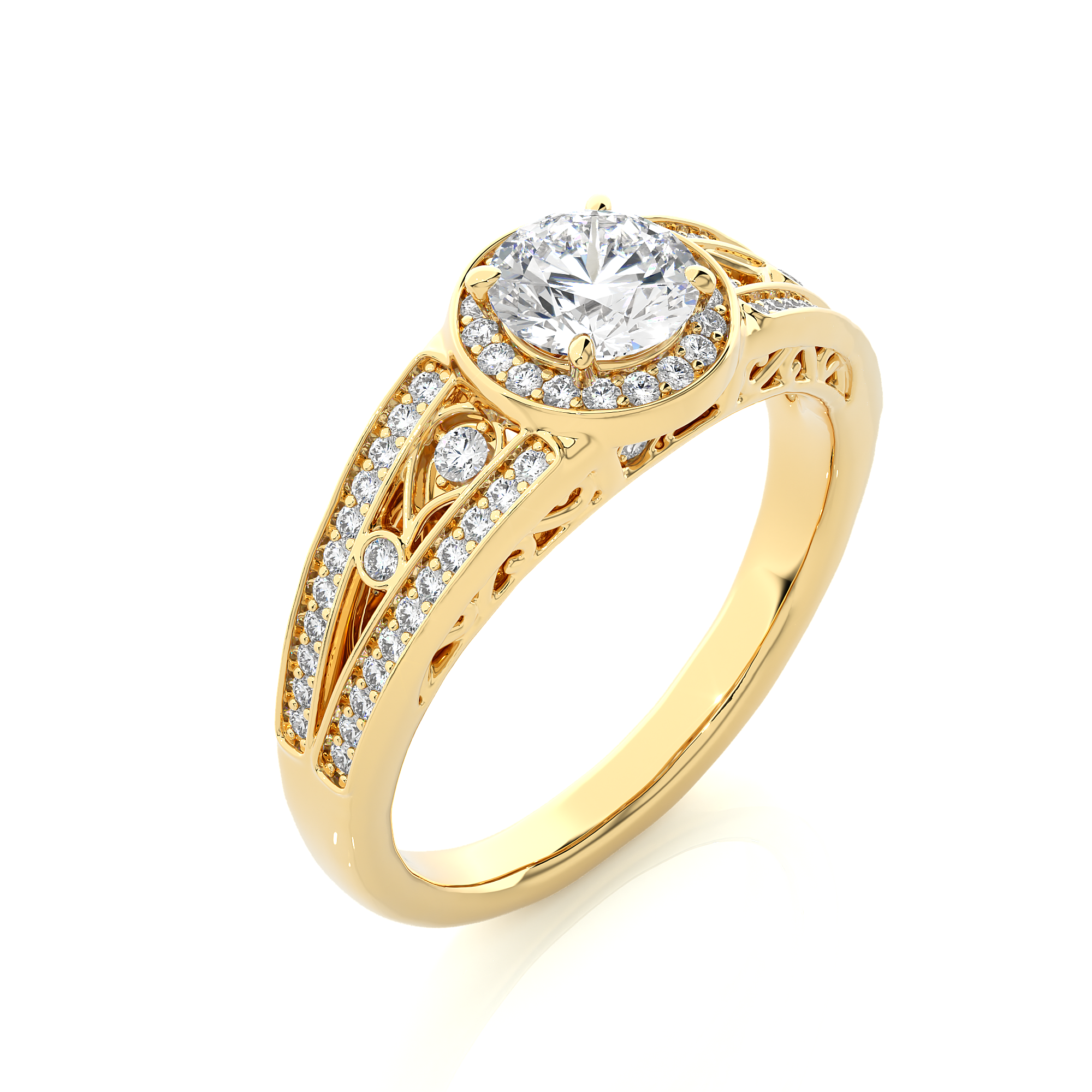 Round Diamond Halo Engagement Ring With Split Shank Band