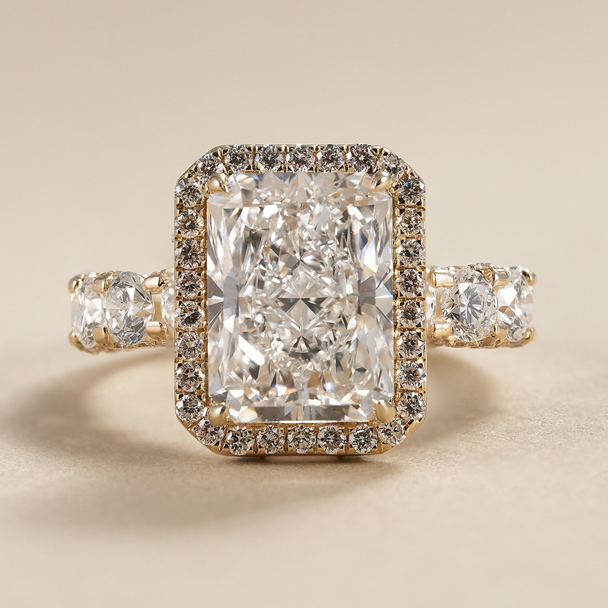 Radiant Cut Lab Diamond Halo Engagement Ring With Full Detailed Band