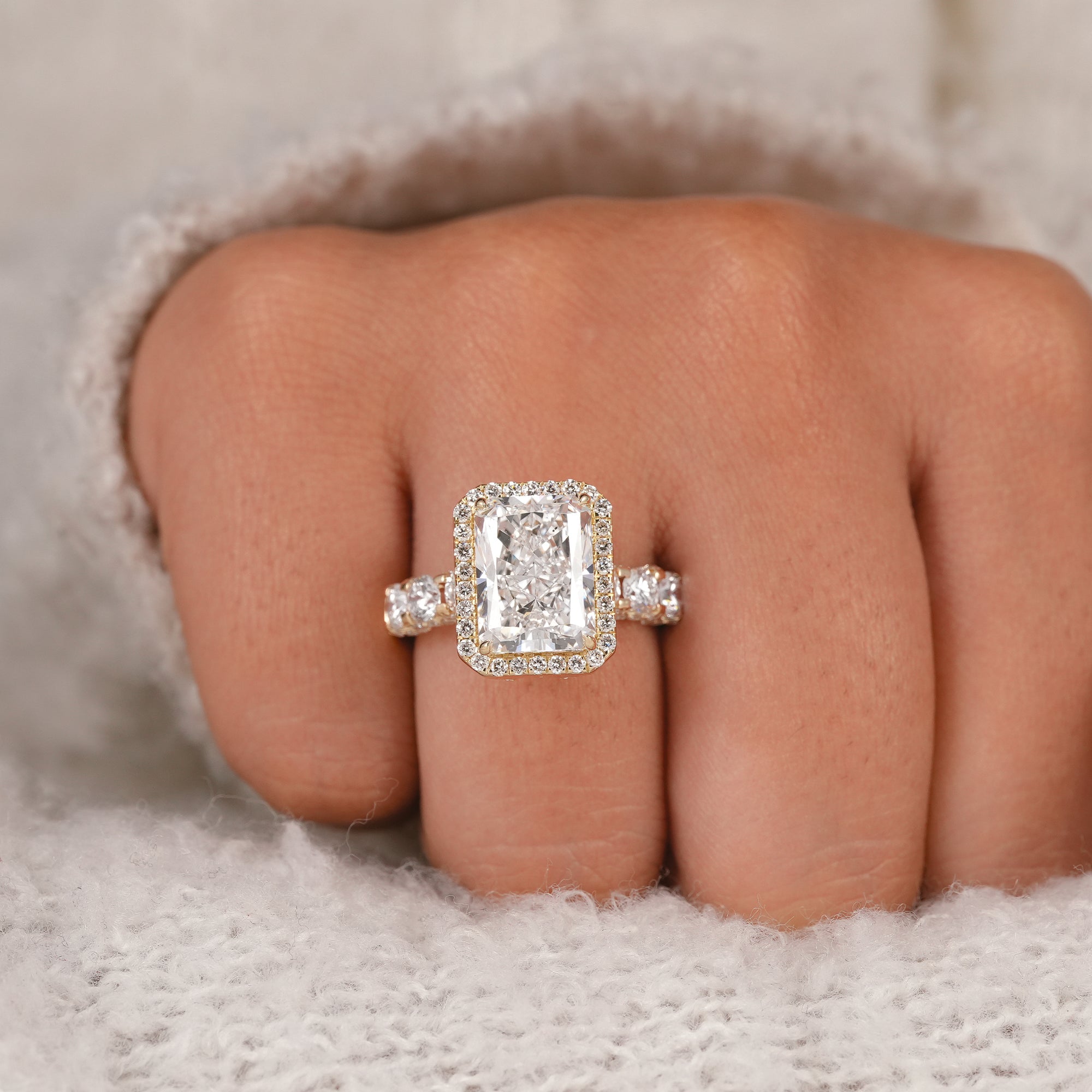 Radiant Cut Lab Diamond Halo Engagement Ring With Full Detailed Band