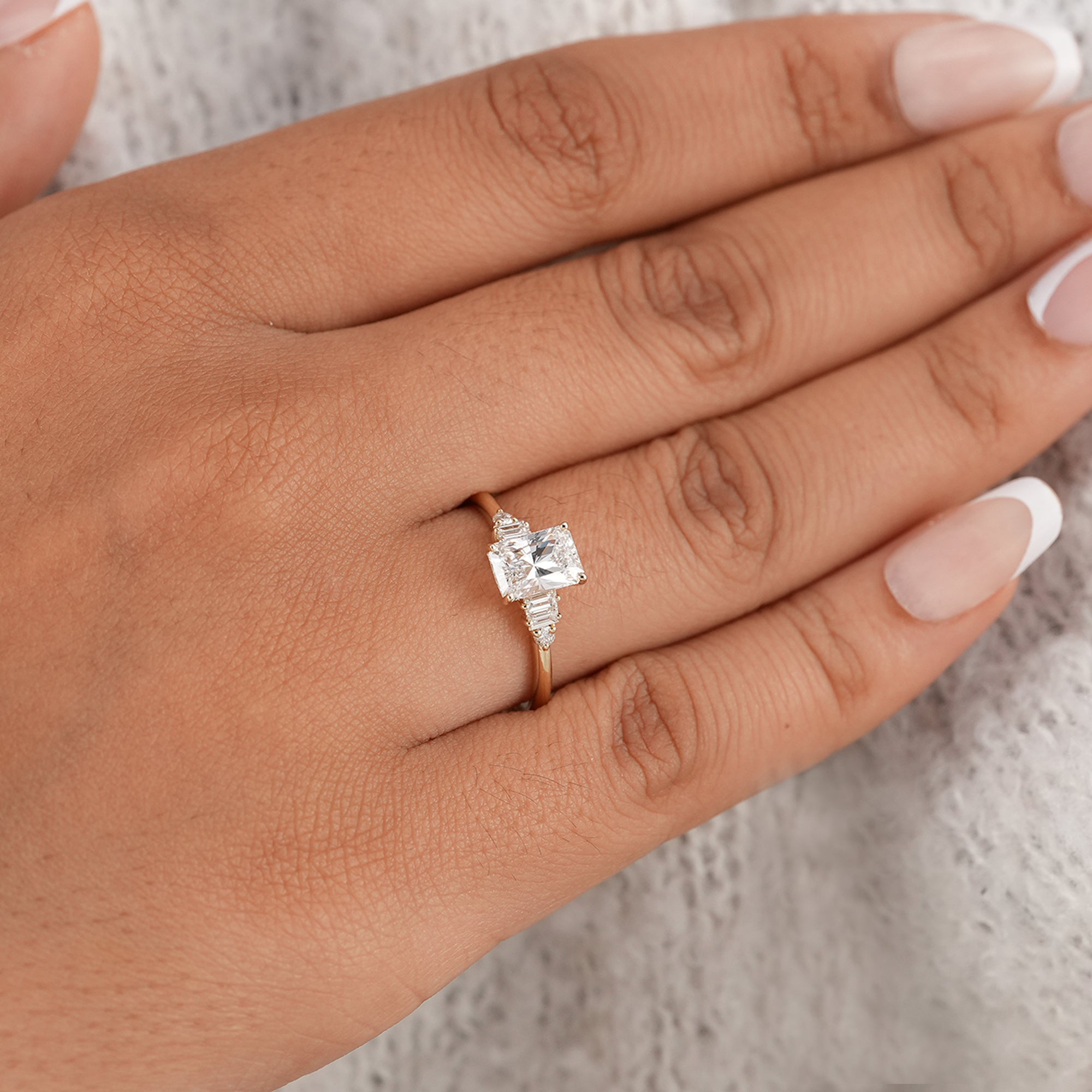 Sustainable radiant lab grown diamond proposal ring