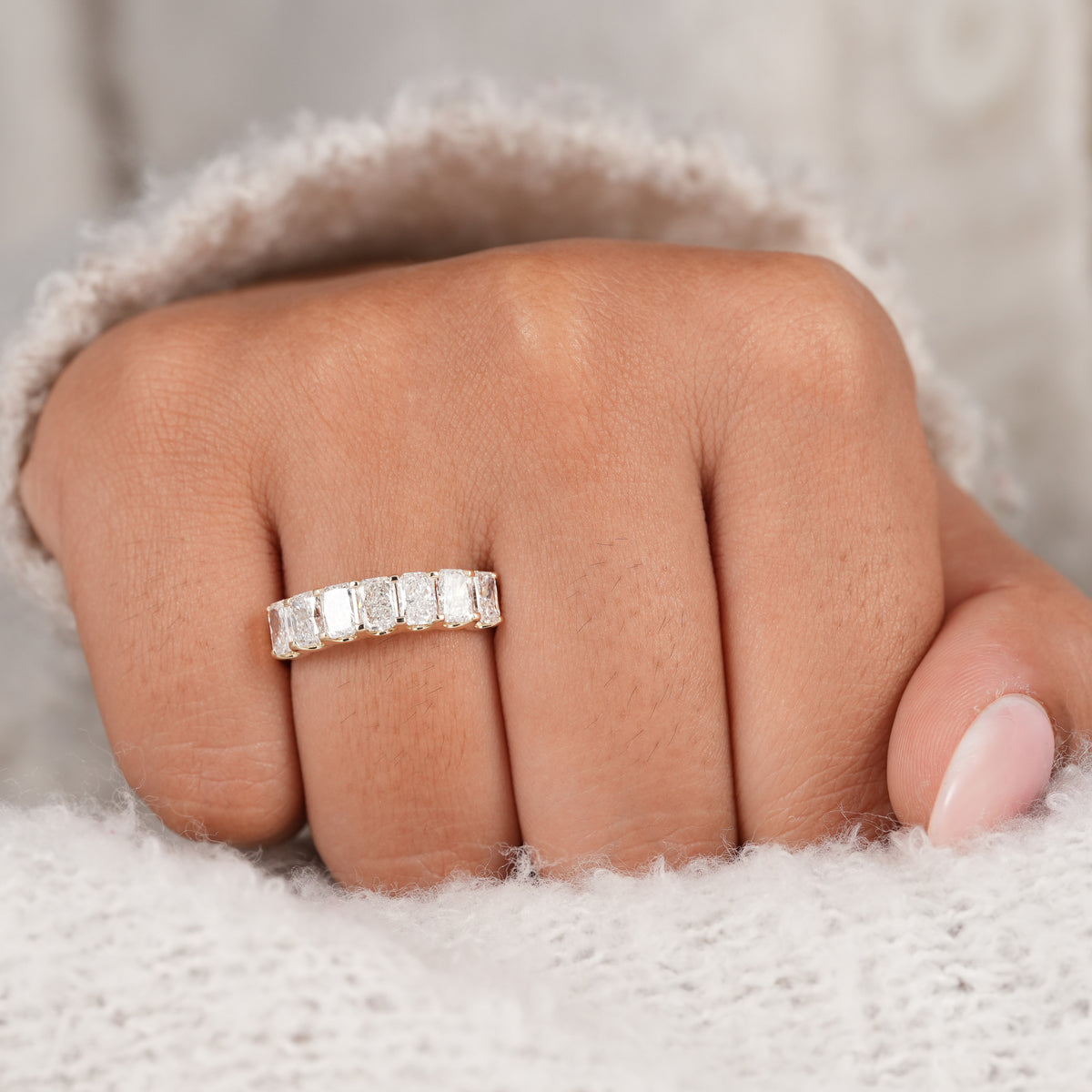 Handcrafted radiant lab diamond band offering exceptional sparkle in a classic eternity design.